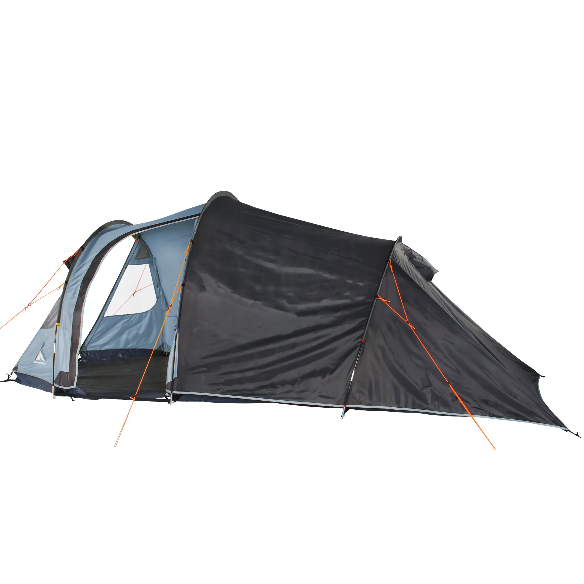 Blau-graues 10T Mandiga Arona 5 Personen Tunnelzelt mit Vorraum, zwei Eingängen, großen Fenstern, Stehhöhe und wetterfestem Außenzelt. Sichtbare Abspannleinen und Belüftungsöffnungen.