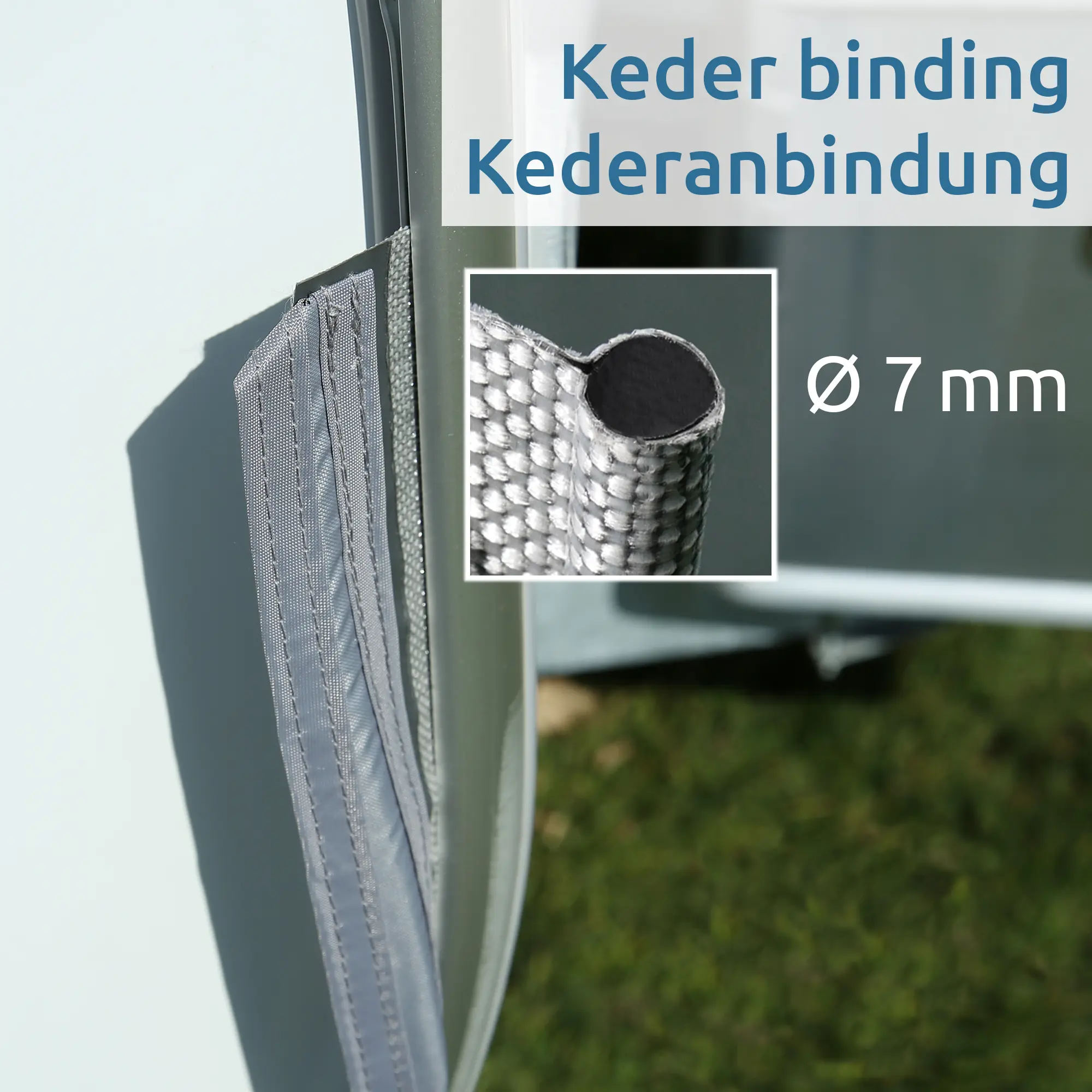 your GEAR Bodenschürze Brela für Hobby Beachy 360 Wohnwagen mit Kederanbindung, Detailansicht der 7 mm Kederbindung zur einfachen Befestigung, robustes graues Material, idealer Windschutz und Radabdeckung.