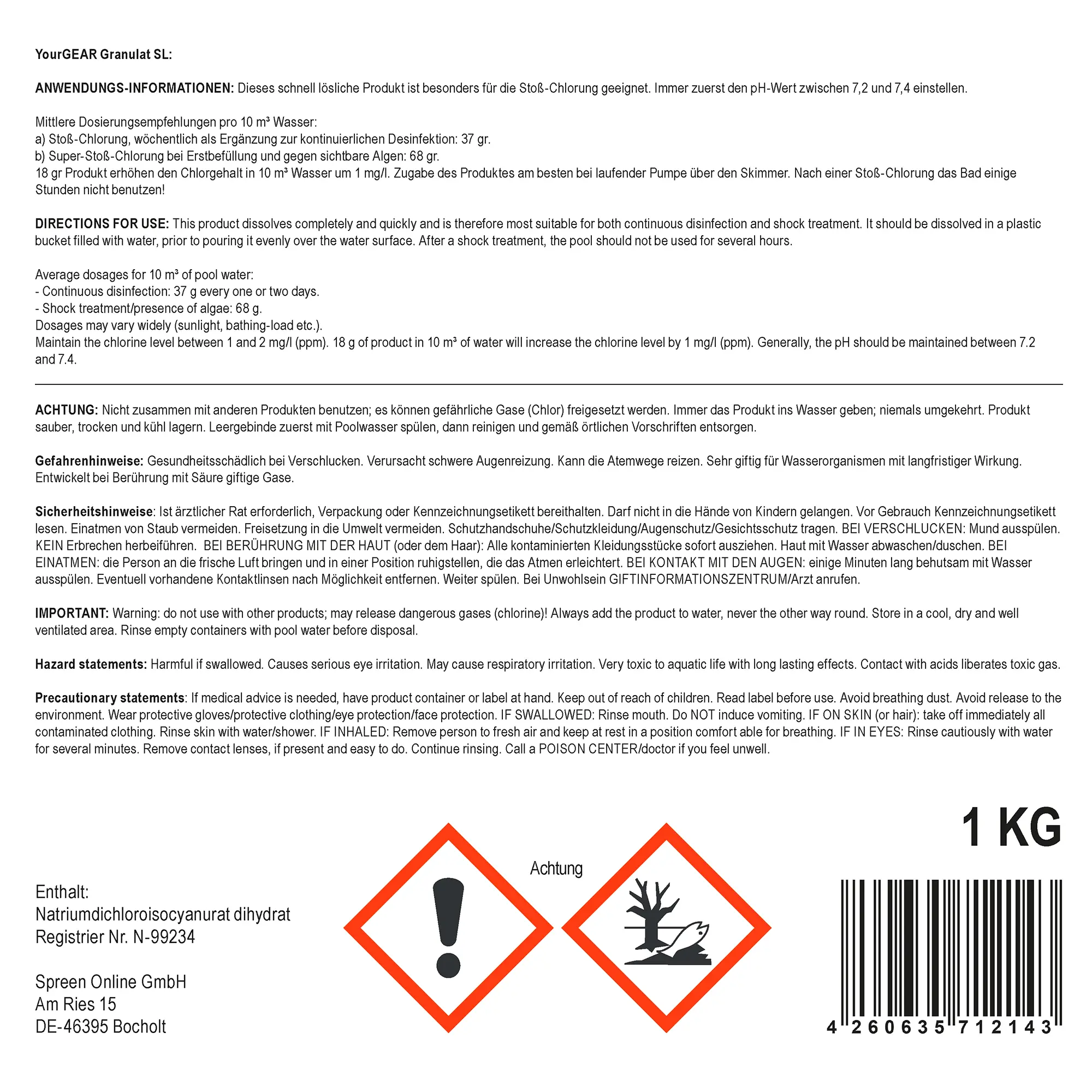 Etikett des yourGEAR 1 kg Chlorgranulat SL mit Gefahrenhinweisen, Dosierungsanleitungen, Warnsymbolen und Herstellerangaben; geeignet zur Pooldesinfektion gegen Algen, Bakterien, Pilze und Viren, 56% Aktiv-Chlor.