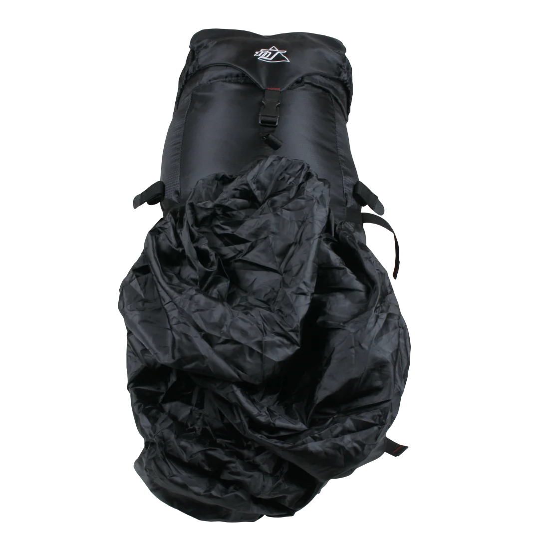 10T Towa 30L hiking backpack in black, shown with integrated rain cover partially deployed, featuring adjustable straps, durable material, and logo on the top flap. Ideal for trekking and outdoor activities.