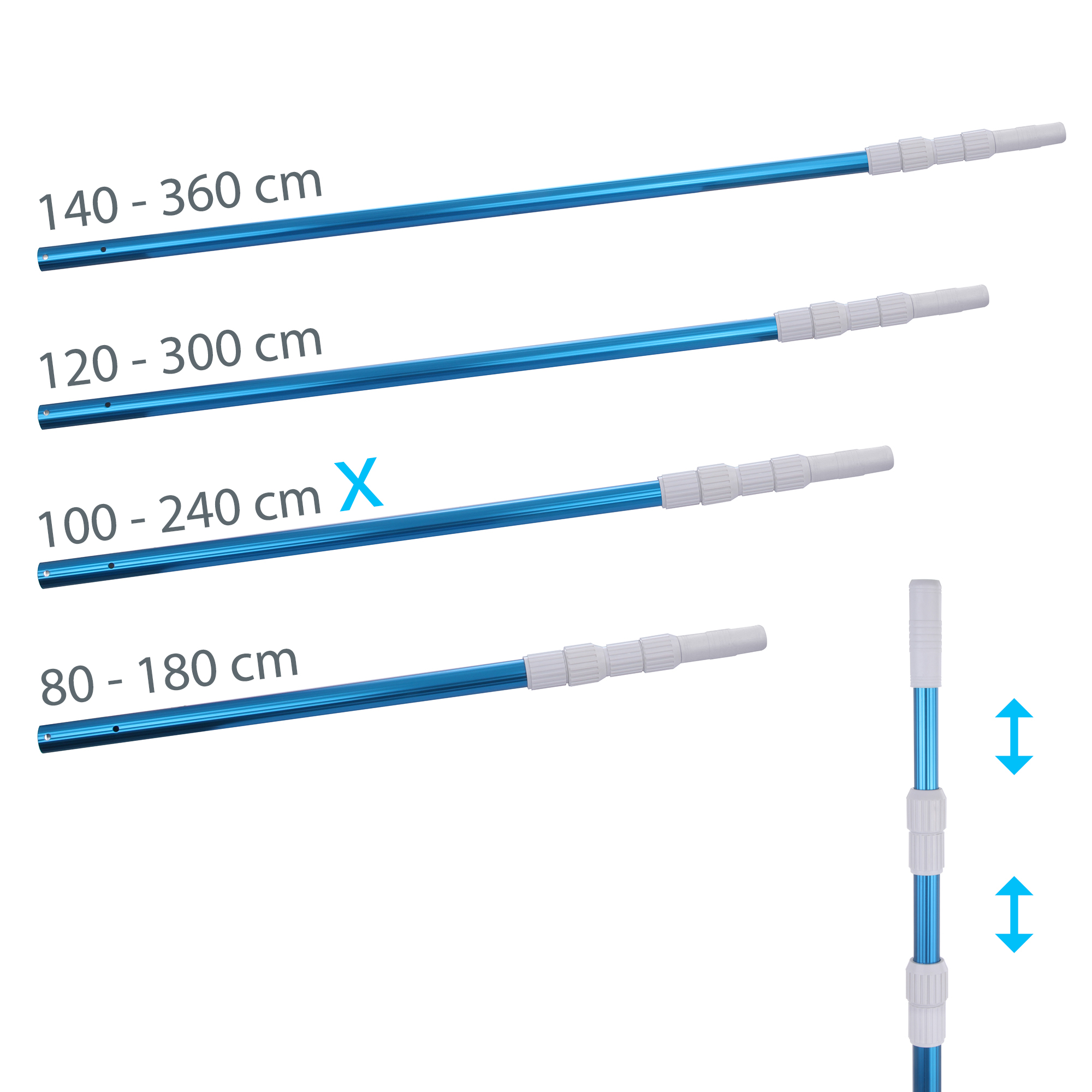 Barra telescópica Blueborn PPS-3x80 de aluminio para limpieza de piscinas, 3 secciones, longitud ajustable de 100 a 240 cm, color azul con conectores blancos, ideal para accesorios de mantenimiento.