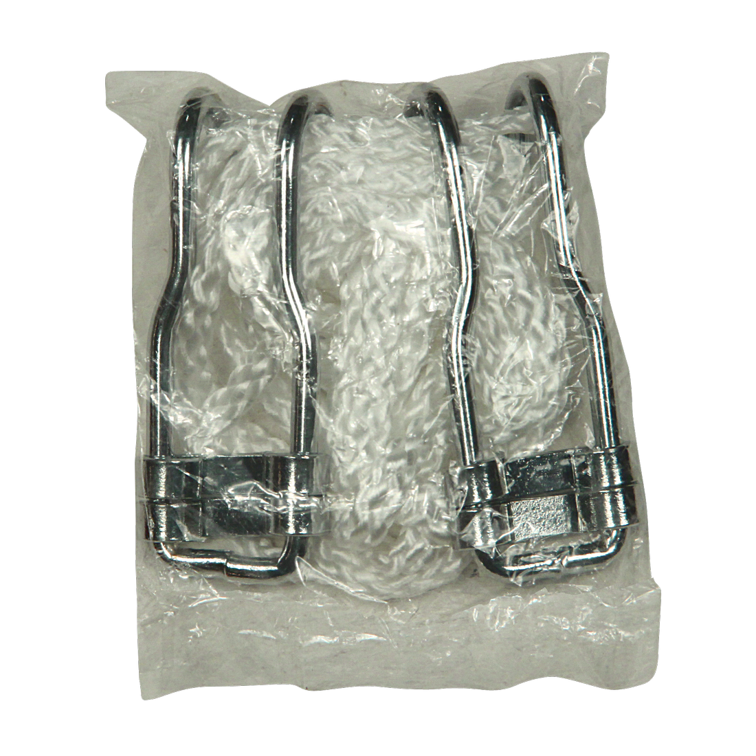 Kit de fixation pour hamac 10T Devellin XL, comprenant deux crochets métalliques robustes et une corde blanche, emballé dans un sachet plastique transparent. Accessoire pour installation de hamac.