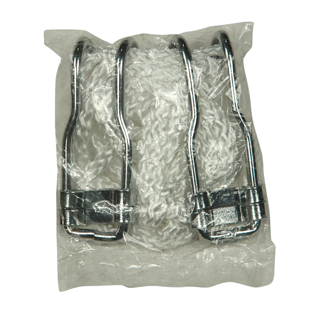Kit de fixation pour hamac 10T Devellin XL, comprenant deux crochets métalliques robustes et une corde blanche, emballé dans un sachet plastique transparent. Accessoire pour installation de hamac.