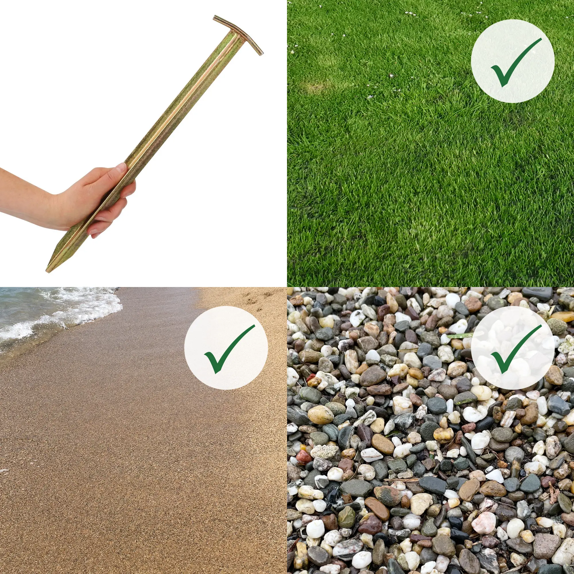 Hering en acier your GEAR TT 400, profilé en T, 400 mm, robuste pour tente, illustré en main et adapté aux sols gazon, sable, gravier, avec des coches vertes indiquant leur compatibilité.