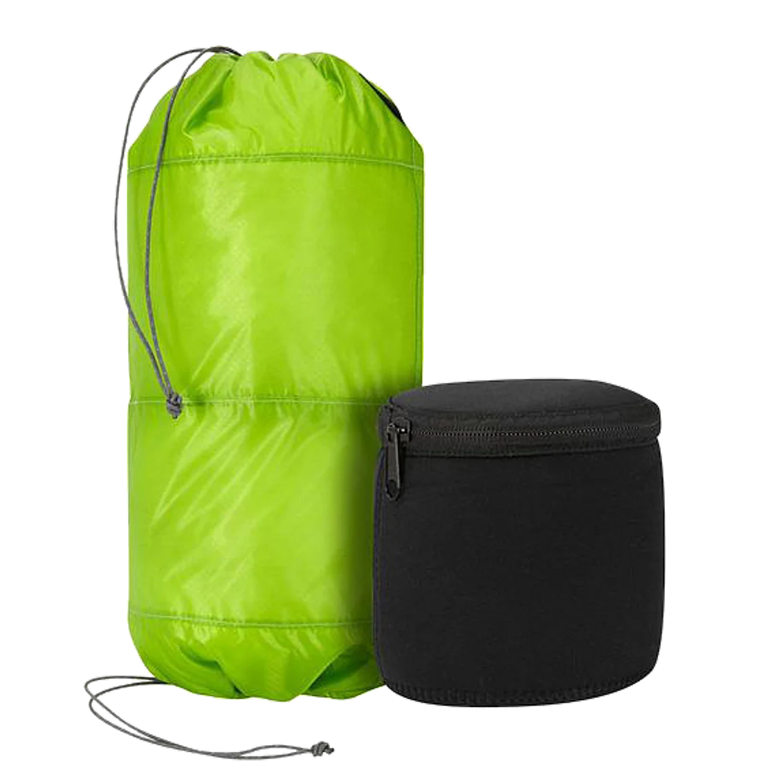 Trekmates Bag 10L lightweight green pack sack with dual drawstring openings and two black waterproof neoprene boxes for protected storage, ideal for organizing and safeguarding sensitive gear outdoors.