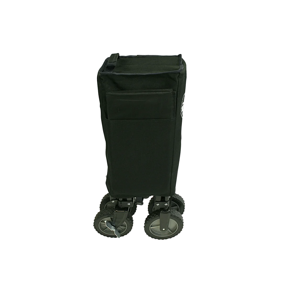 Carro plegable 10T Foldy Trolley XL de color negro, compacto, con ruedas resistentes y bolsa de transporte, ideal para playa o parque. Diseño sencillo y práctico para facilitar el transporte de objetos.