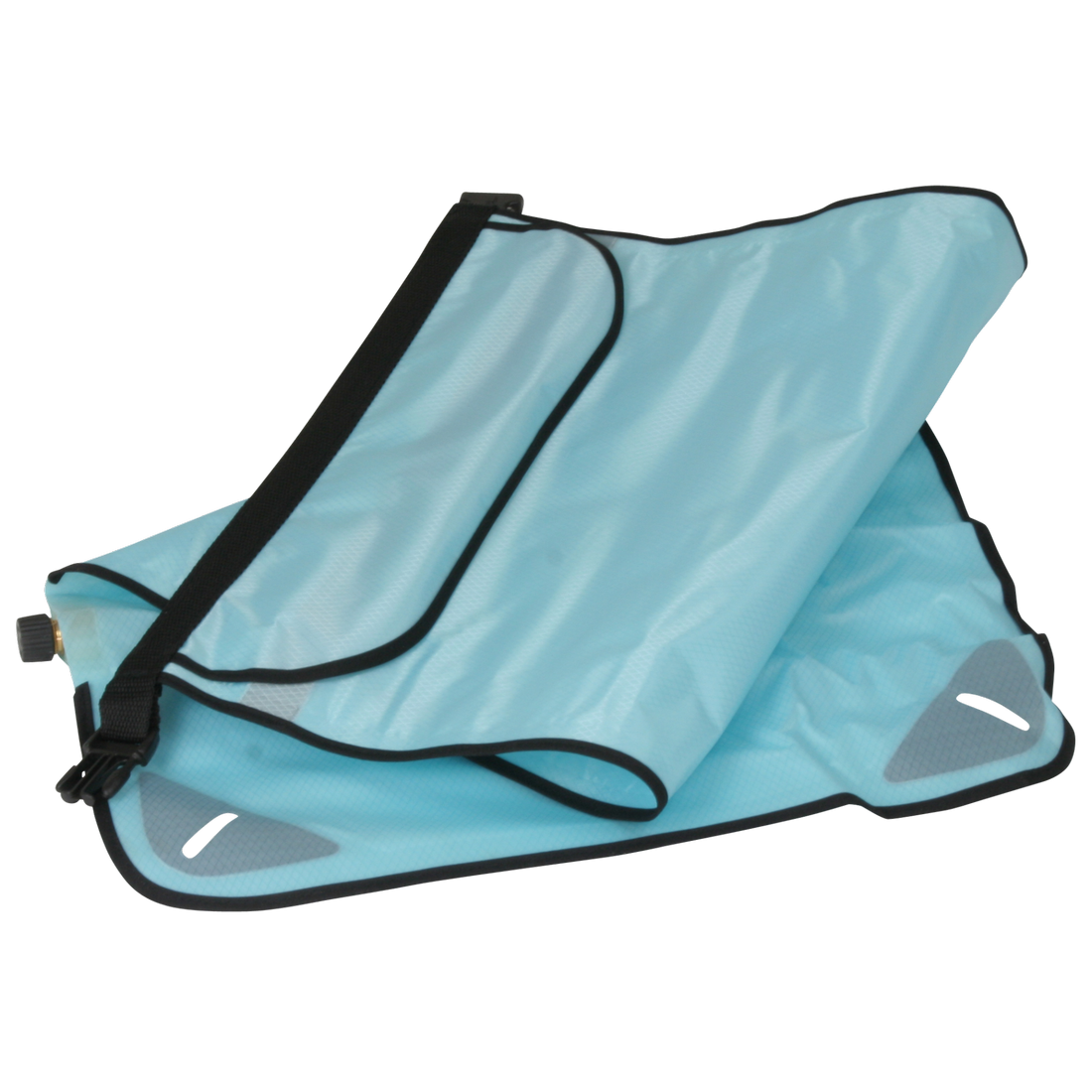 Hellblauer 10T Dry Bag WPC Packsack, 15 Liter, aus wasserdichtem Material mit schwarzem Rand, seitlichem Ventil zur Kompression und Tragegriff, ideal für Outdoor, Camping und Wassersport.