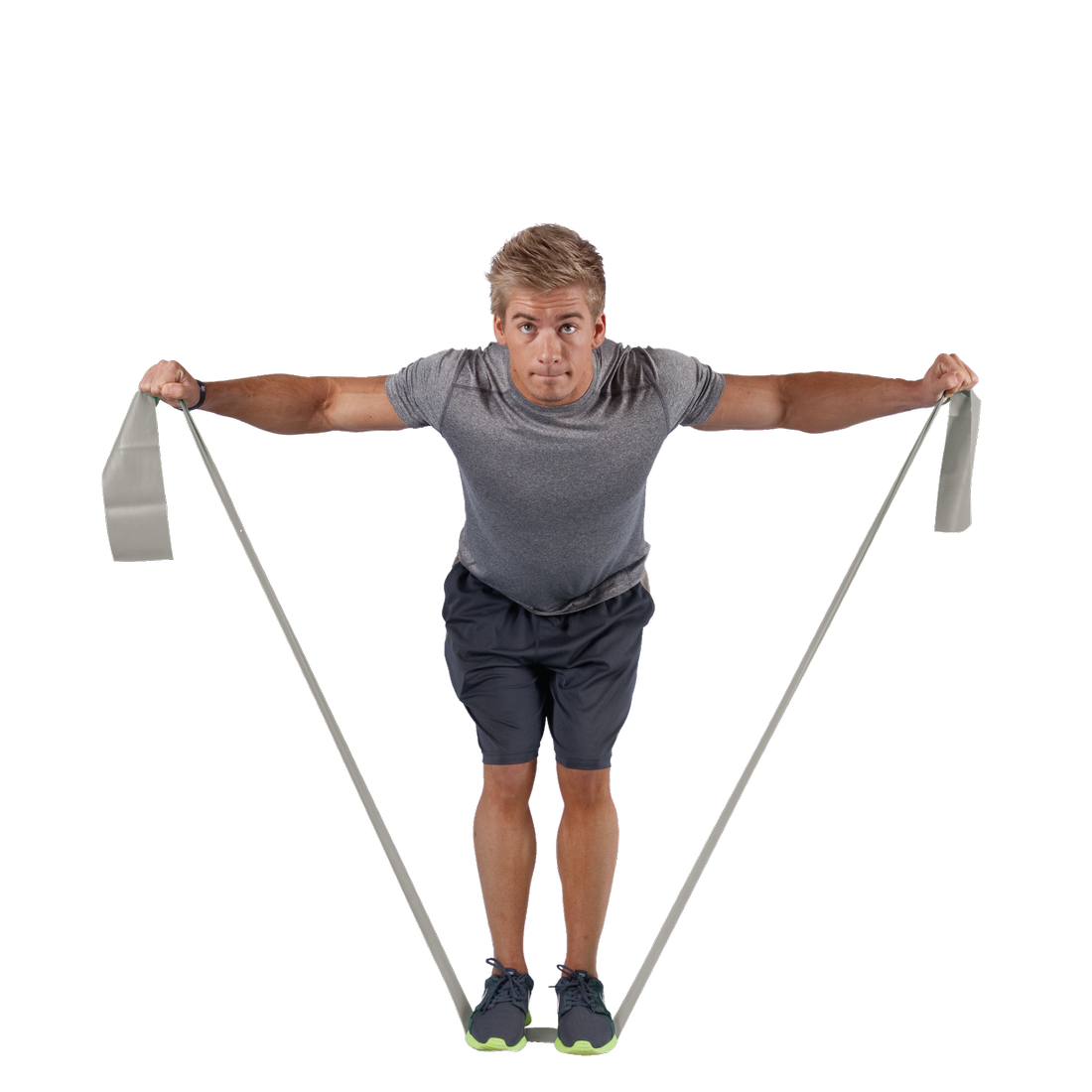 Mann trainiert mit dem Spirit Fitnessband 22,5 kg, 183x10 cm, latexfrei, graues Gymnastikband für Widerstandstraining, geeignet für Rücken-, Schulter- und Beinübungen.