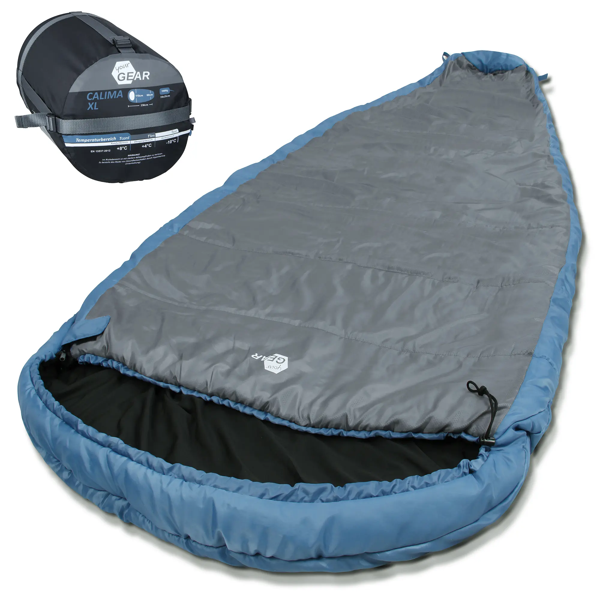 yourGEAR Campingschlafsack Calima XL, extra breiter eiförmiger Schlafsack in Blau und Grau, Maße 230x110cm, inklusive Kompressionspacksack, geeignet bis -10°C, für Frühling, Sommer und Herbst.