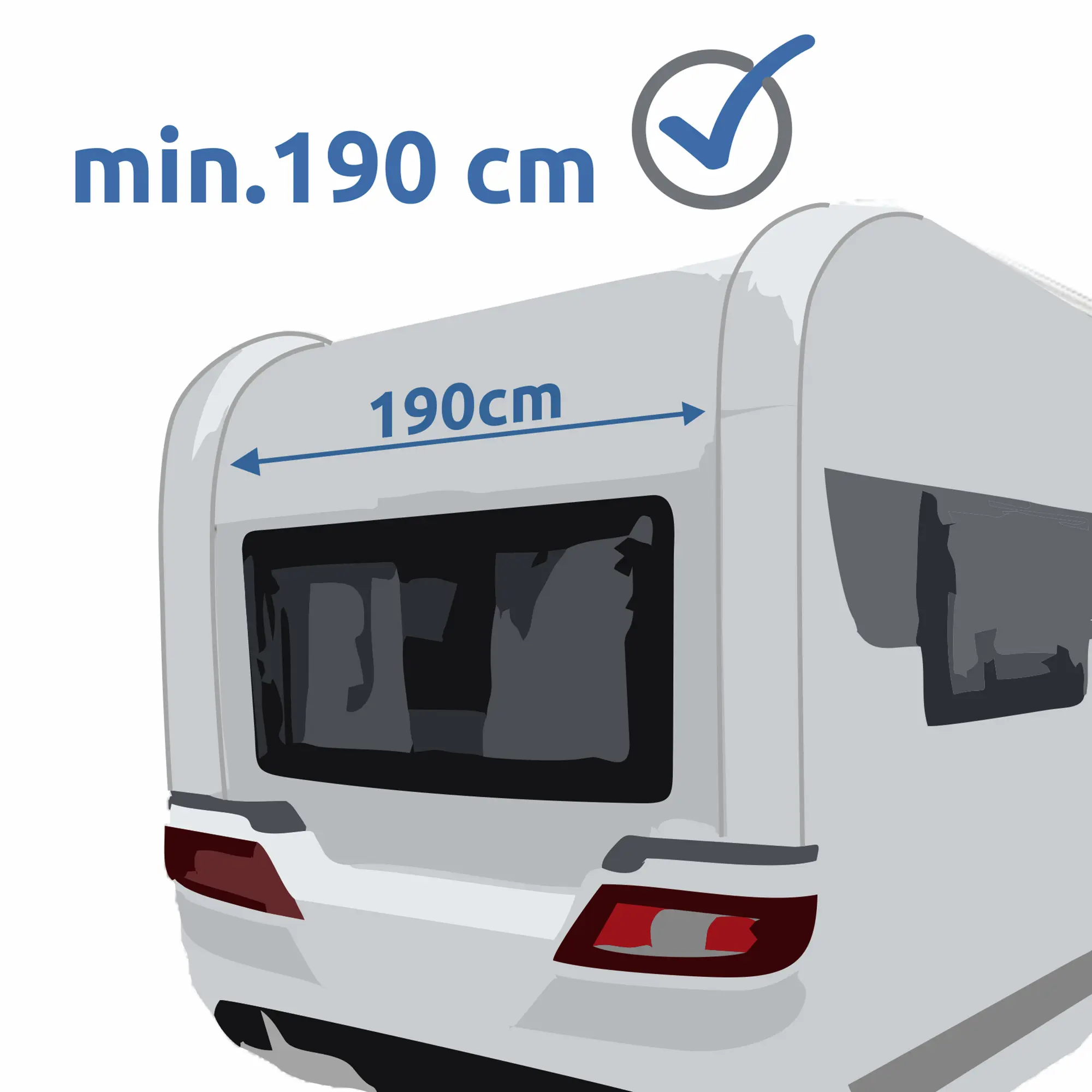 Caravana blanca vista desde atrás, con una flecha azul que indica un ancho mínimo de 190 cm, adecuado para instalar el toldo trasero your GEAR Venecia, ideal como avance, cocina o tienda de almacenamiento.