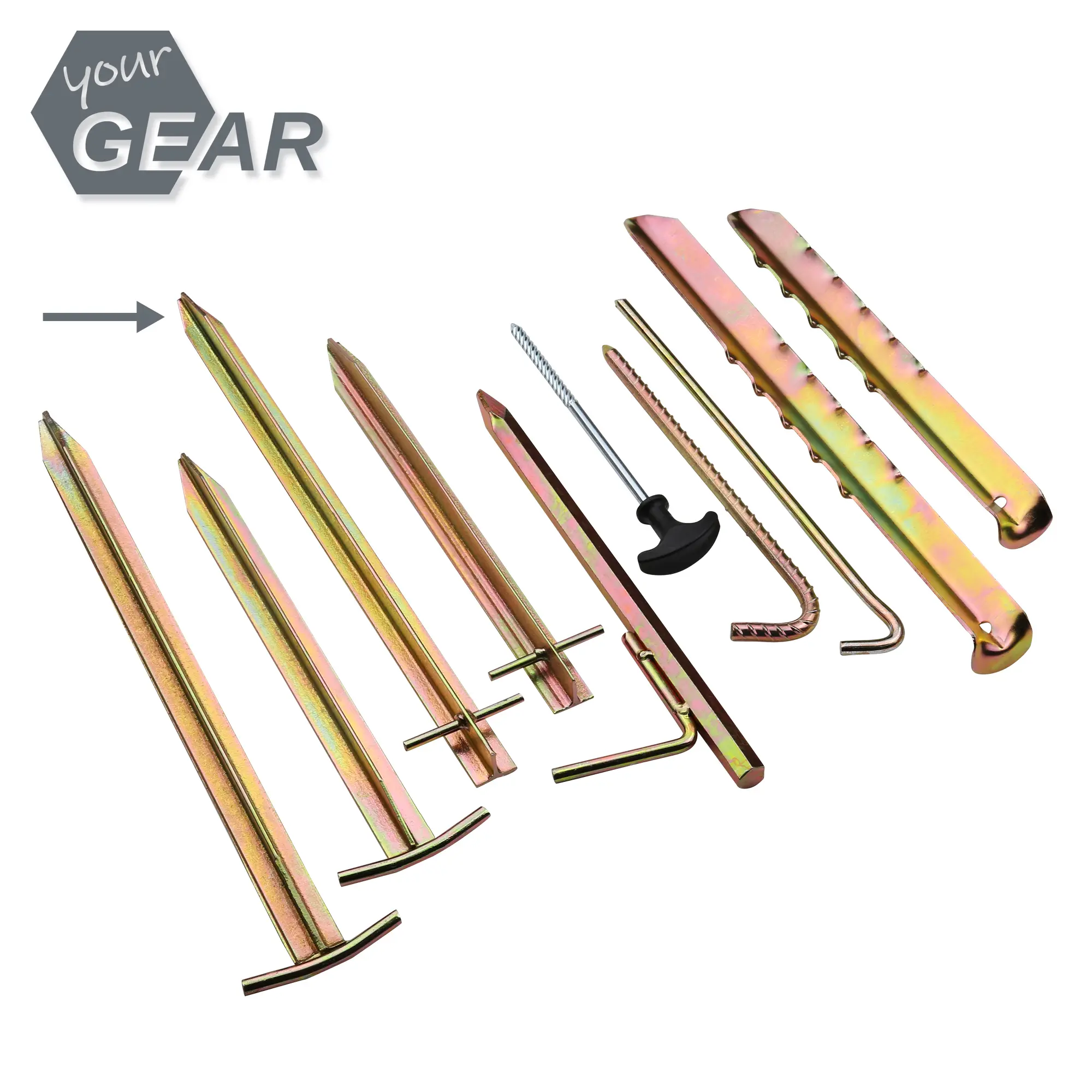 Juego de 8 piquetas your GEAR TX 400, hechas de acero robusto con perfil en T, tamaño 400 x 65/25 x 20mm, ideales para asegurar tiendas de campaña grandes y resistentes al viento.