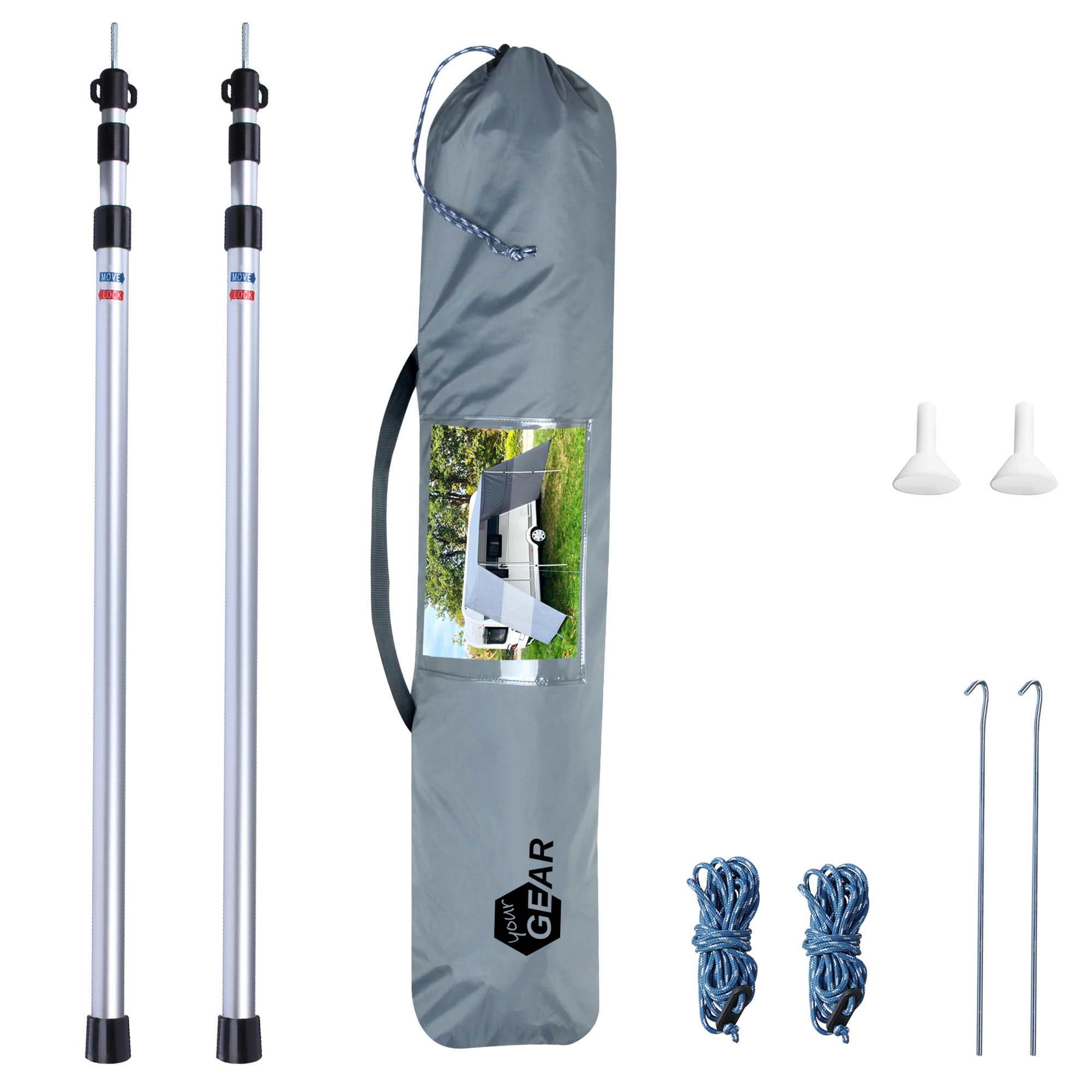 your GEAR Teramo 250 Sonnendach-Set für Wohnwagen: Zwei Aluminium-Teleskopstangen, graue Tragetasche, Abspannseile, Heringe und Adapter, ideal als UV 50+ Vorzelt mit Seitenwänden für Camping und Wetterschutz.