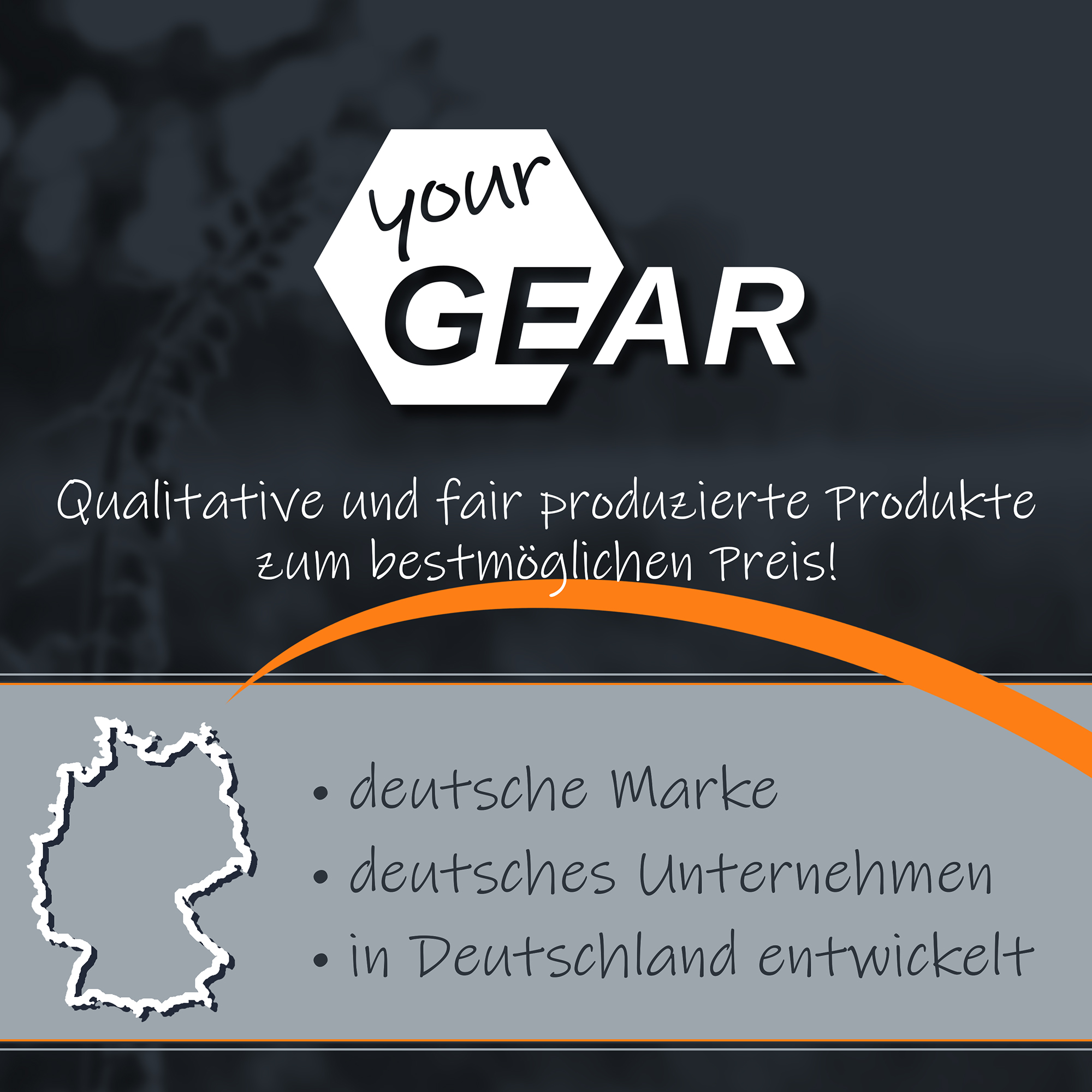 Logotipo "your GEAR" sobre fondo oscuro, texto promocional en alemán sobre productos de calidad y precio, franja gris con silueta de Alemania y lista: "deutsche Marke, deutsches Unternehmen, in Deutschland entwickelt".