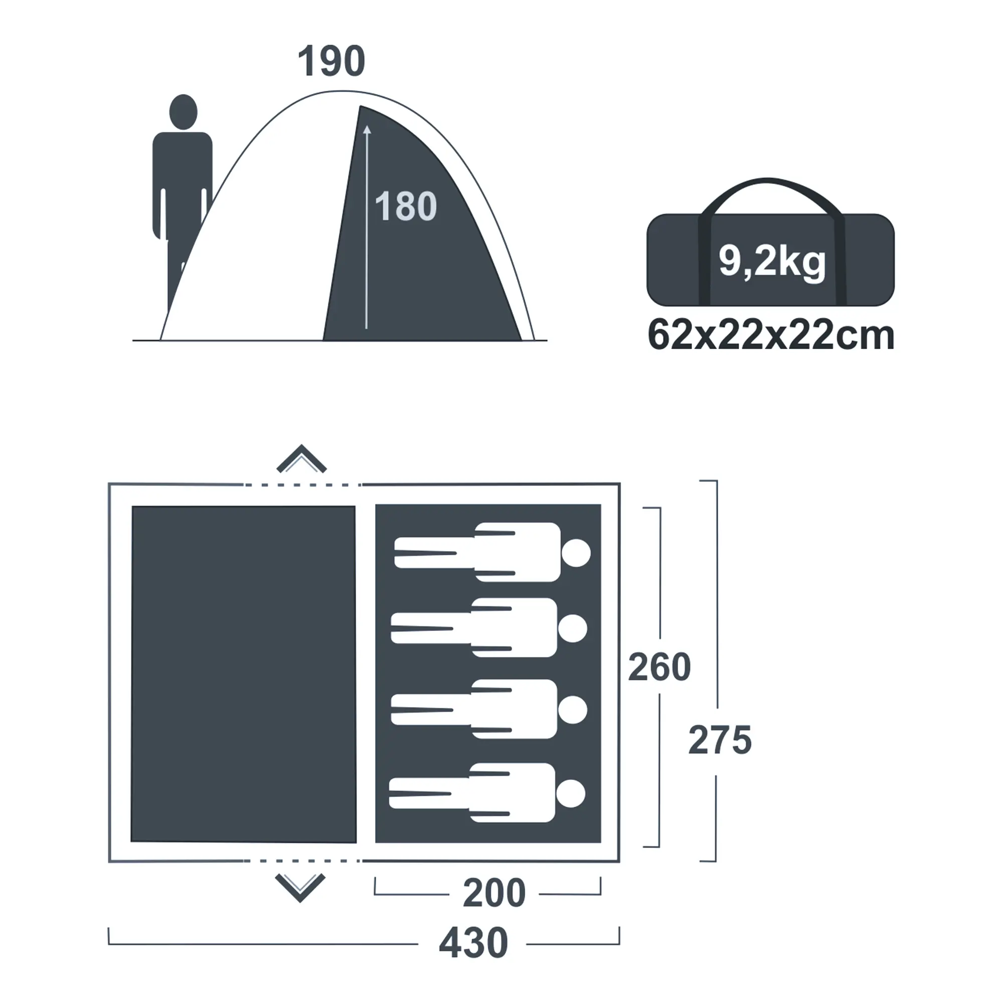 Grafik zum your GEAR Chinook 4 Kuppelzelt: Zelt mit 190 cm Stehhöhe, Platz für 4 Personen, Maße 430x275x190 cm, Gewicht 9,2 kg, Packmaß 62x22x22 cm, Grundriss für Schlaf- und Wohnbereich.