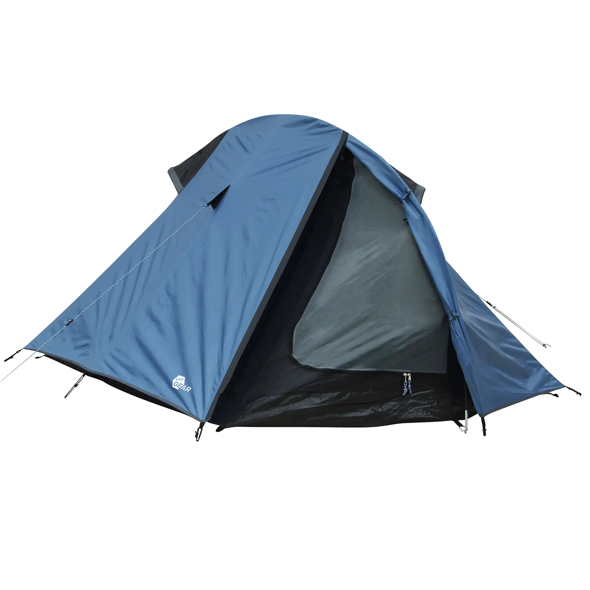your GEAR ORA 2-person trekking tent, blue dome shape, with UV 50+ protection, insect screen, waterproof 5000mm, open entrance, compact for camping, bike or motorcycle tours, includes roll pack sack.