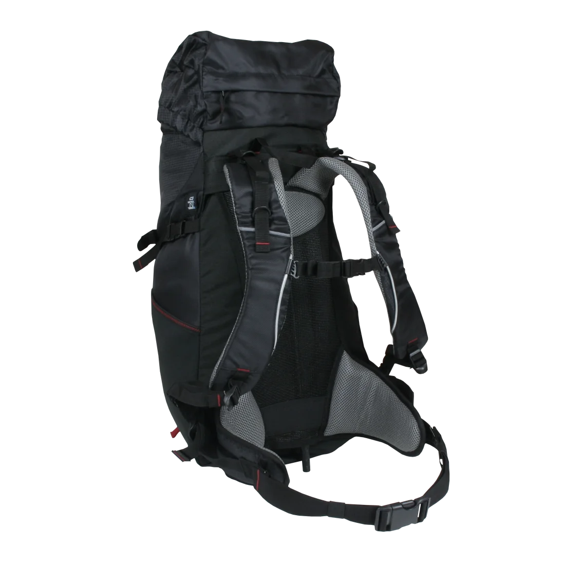 10T Towa 30L hiking backpack in black, shown from behind with padded shoulder straps, ergonomic back ventilation, adjustable chest and waist straps, and attachment loops. Ideal for trekking and day hikes.