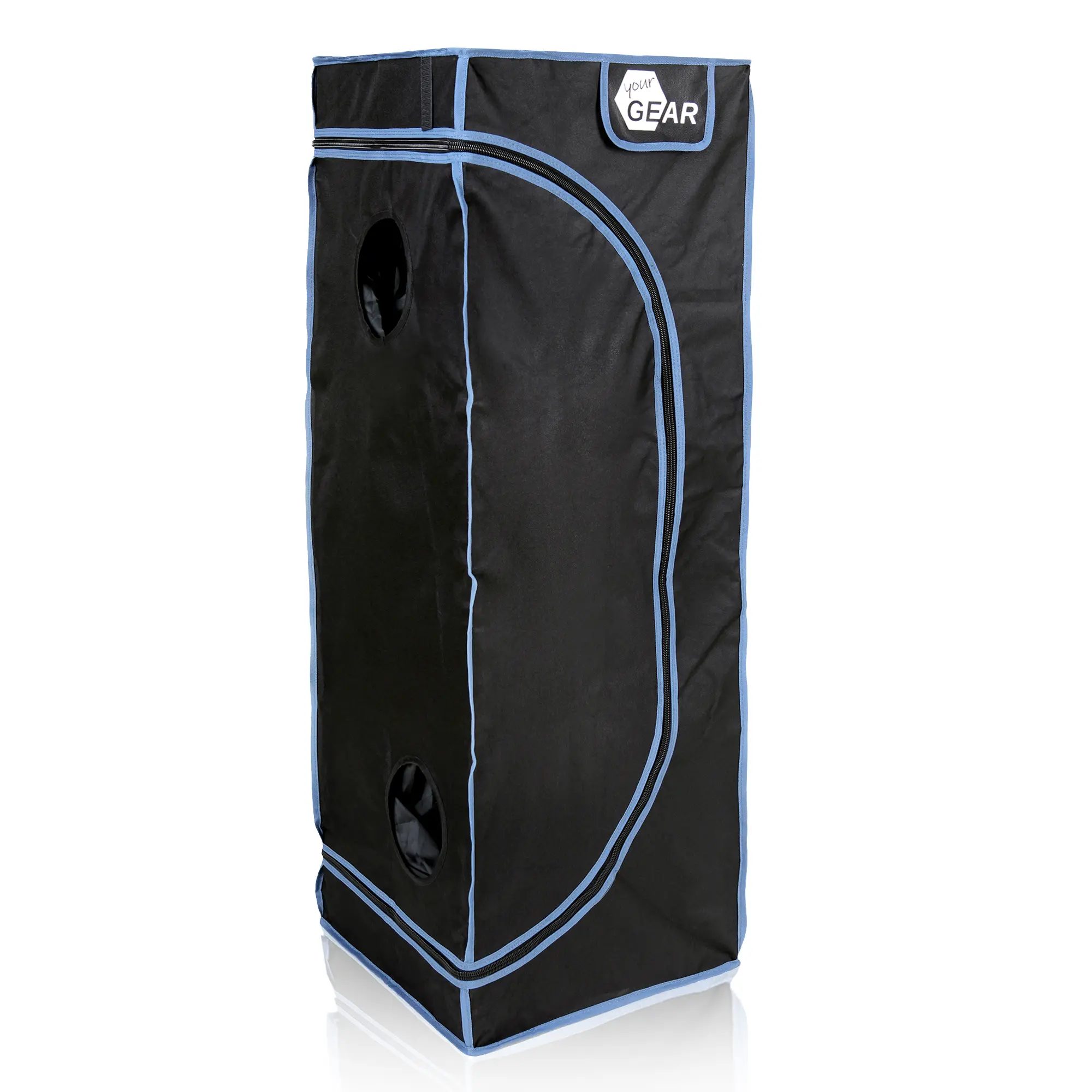 yourGEAR Growzelt Plantsville 40x40x120 cm, schwarzes Indoor Zuchtzelt mit blauen Nähten, runder Belüftungsöffnung und yourGEAR Logo, geeignet für Pflanzenanzucht in der Wohnung.