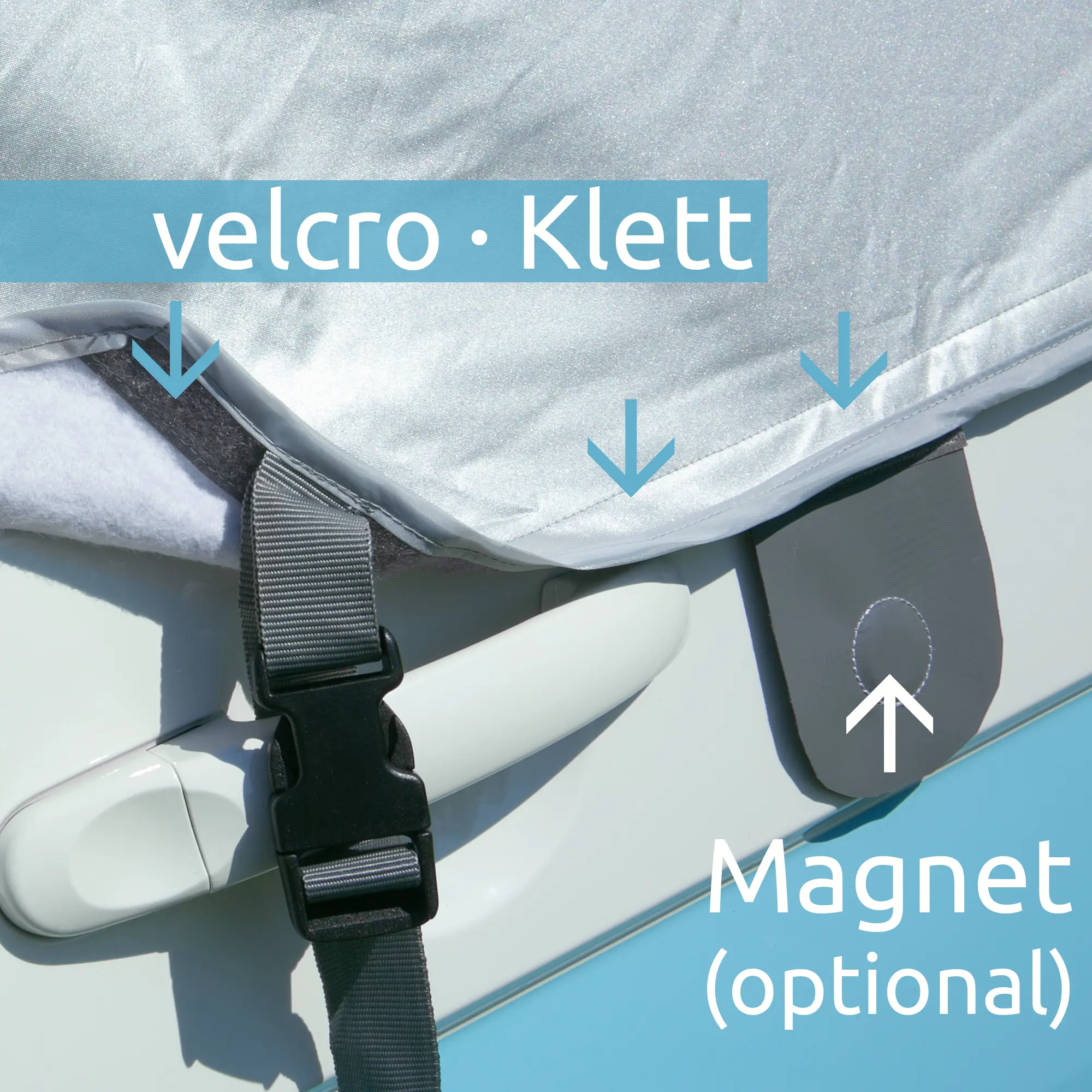 Sonnenschutzmatte your GEAR Sanremo Plus für VW T5/T6/T6.1, silber, mit Klettverschluss, optionalem Magnet und Gurtbefestigung; schützt vor Sonne, Hitze und neugierigen Blicken. Ideal für VW Bulli.