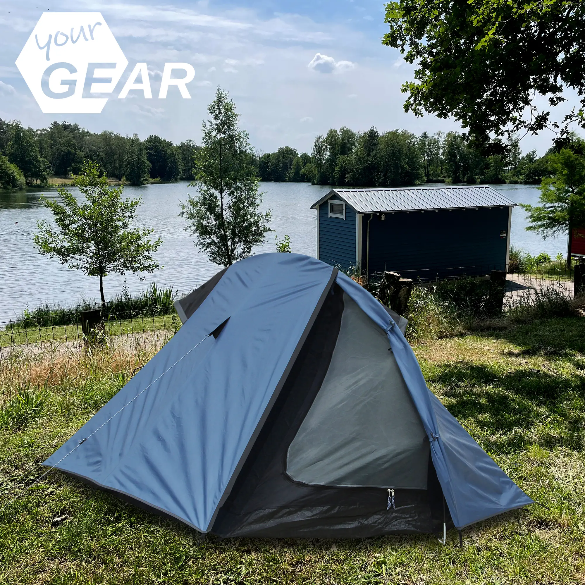 your GEAR ORA 2-person trekking tent with UV 50+ protection, 5000mm waterproof, dome shape, and mesh insect protection, set up outdoors near a lake; ideal for camping, biking, or motorcycle tours.
