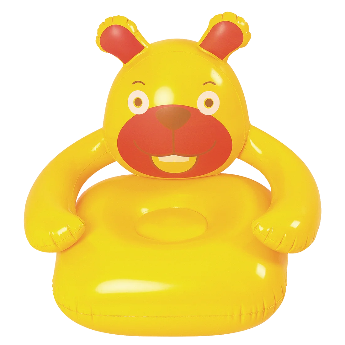 Poltrona gonfiabile per bambini Jilong a forma di orso giallo, con braccioli e schienale decorato con volto di orso sorridente; materiale PVC resistente, dimensioni 78x68x68 cm.