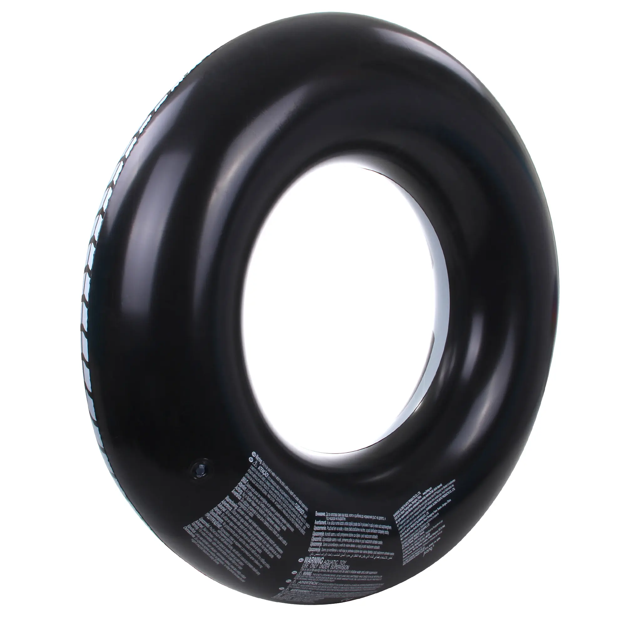 Jilong XL swimming ring in black car tyre design, round with printed tread pattern and safety instructions, made of robust vinyl, approx. 110 cm diameter, ideal pool float for adults and children.