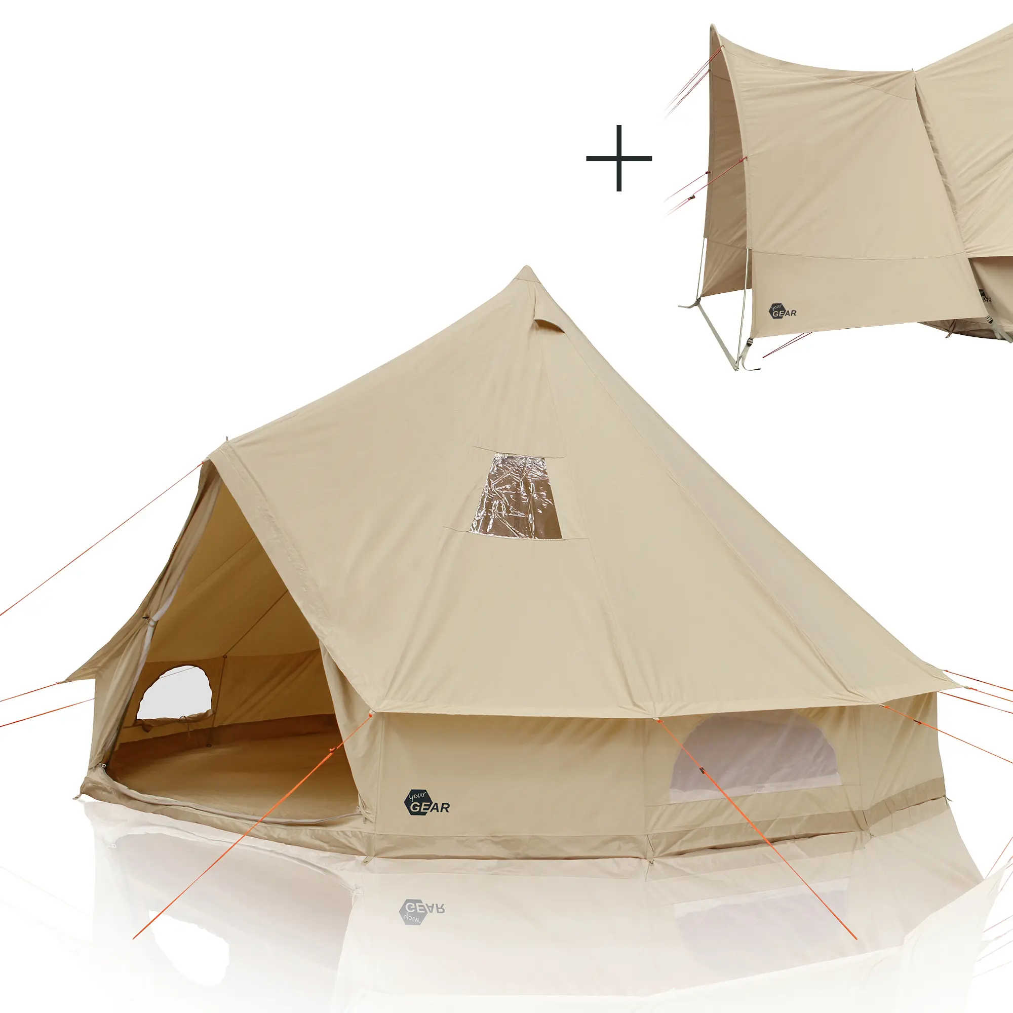 Spacious your GEAR Desert 8 Pro UV50+ cotton blend tipi tent for 4–8 people, beige color, large canopy, sewn-in bathtub floor, insect protection windows, and transparent window panels, ideal for family camping.