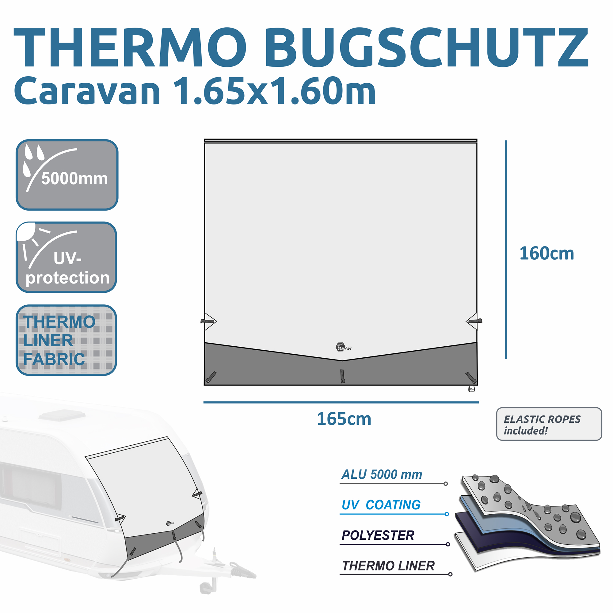Bâche anti-insectes thermique your GEAR 165x160 cm pour caravane, imperméable 5000 mm, protection UV, tissu doublé thermique, fixations élastiques incluses, adaptée à l’avant et l’arrière du véhicule.