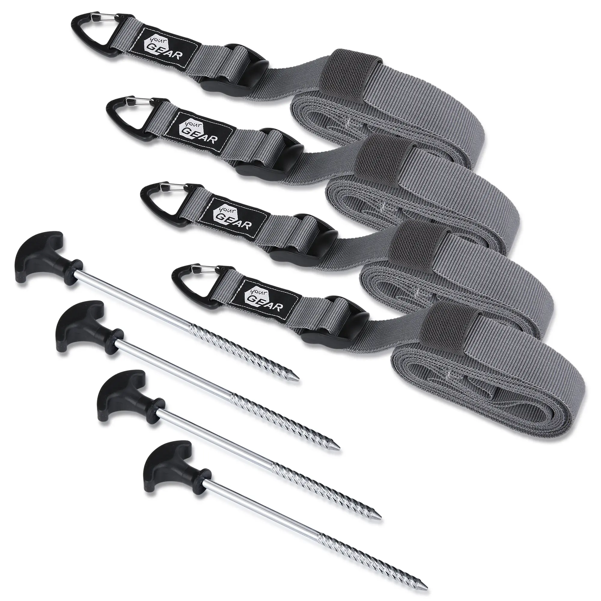 your GEAR Storm Webbing Set - 4 x Abspanngurt mit Karabiner, Abspannleinen mit Erdnägeln, Zeltleinen