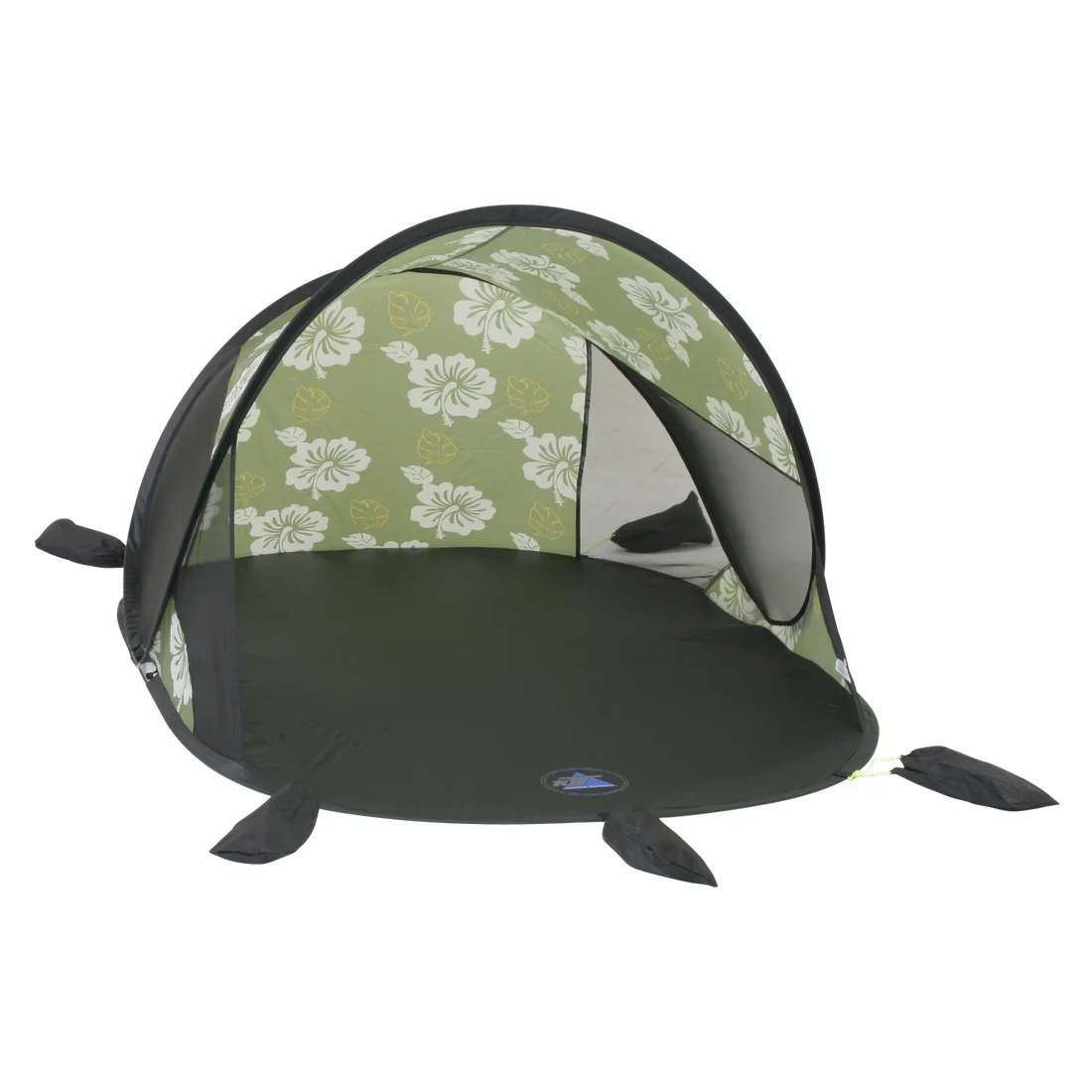 Grüne 10T Pop Up Strandmuschel Flower mit weißen Blumenmuster, UV 50+ Sonnenschutz, Bodenplane, Sandtaschen und offener Front, geeignet für 2 Personen, ideal als Wind- und Sonnenschutz am Strand.