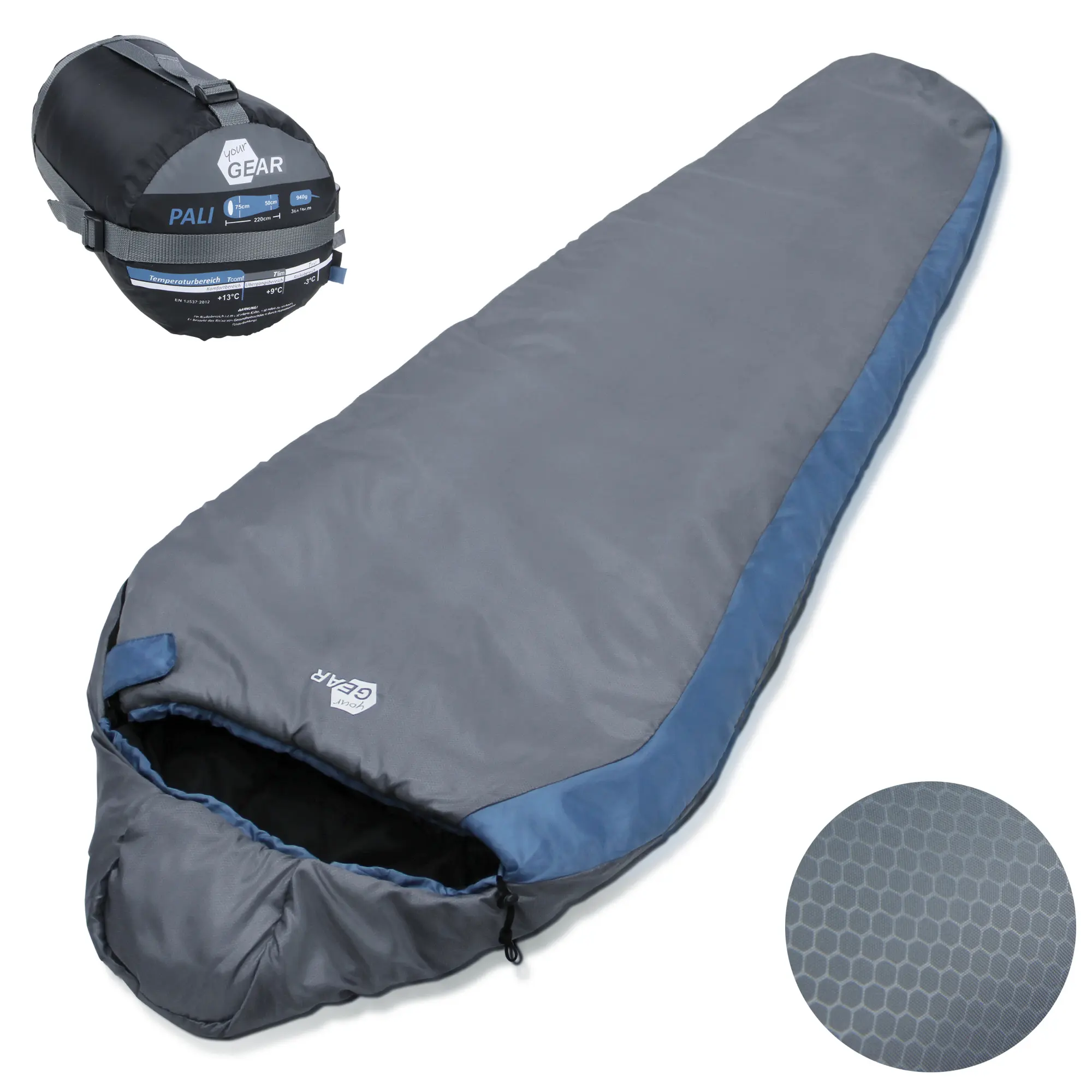 yourGEAR Pali -3°C mummy sleeping bag summer 220x75 cm blue grey, lightweight, warm, small packing