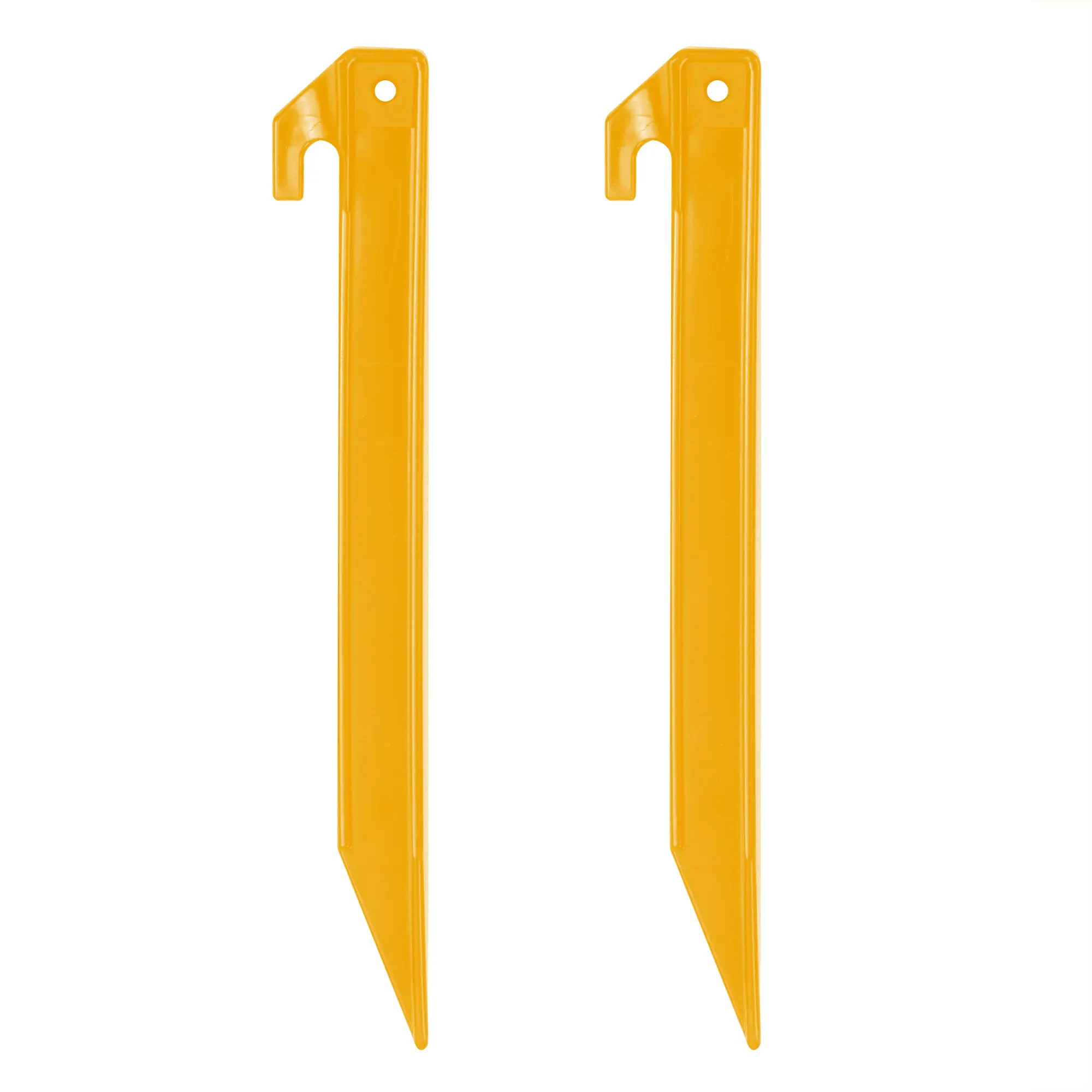 Deux piquets de tente 10T PEG IT TH-22ABS en plastique ABS jaune, profil en T, pointe biseautée, avec crochet et trou pour fixation, longueur 200 mm, idéals pour camping et fixation de tentes.