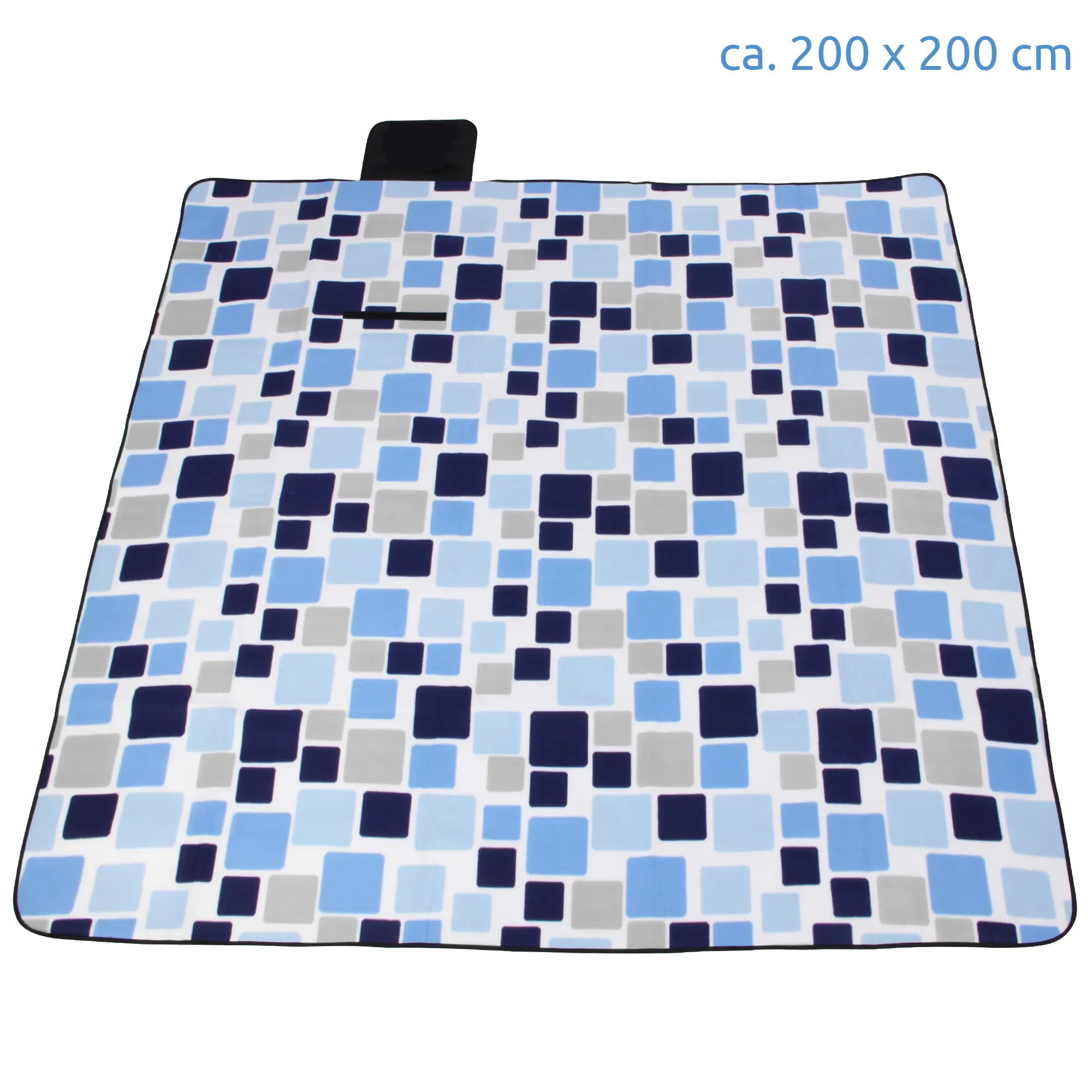 Grande couverture de pique-nique yourGEAR Cube XL 200x200 cm, motif à carreaux bleus, surface polaire douce, dessous aluminium imperméable, idéale pour camping, plage ou parc, pliable avec poignée de transport.