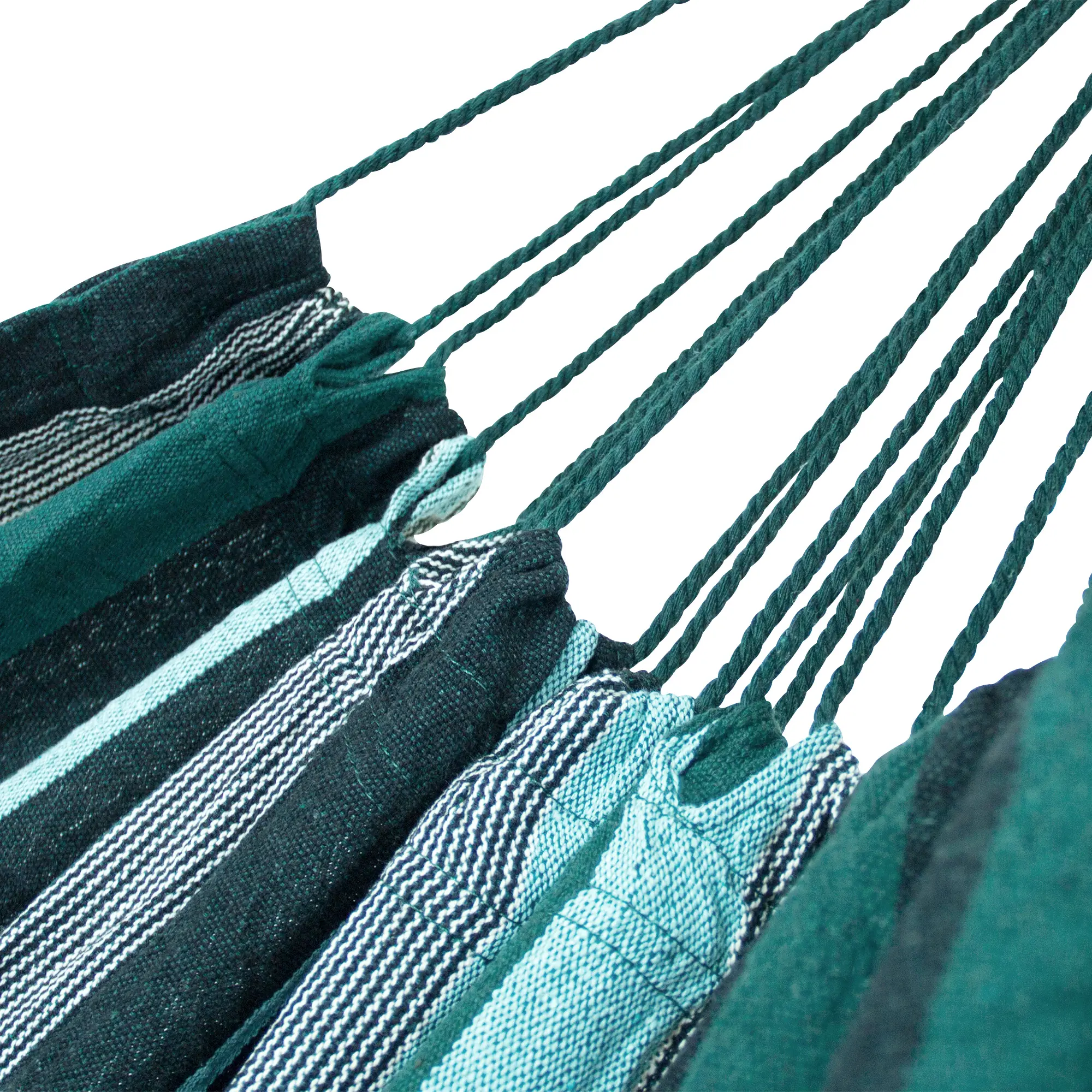 Hängematte yourGEAR Maui Smaragd, 200x120 cm, aus gestreifter Baumwolle in Grüntönen, mit robusten Befestigungsseilen, detailreiche Nahaufnahme der Aufhängung und Stoffstruktur.