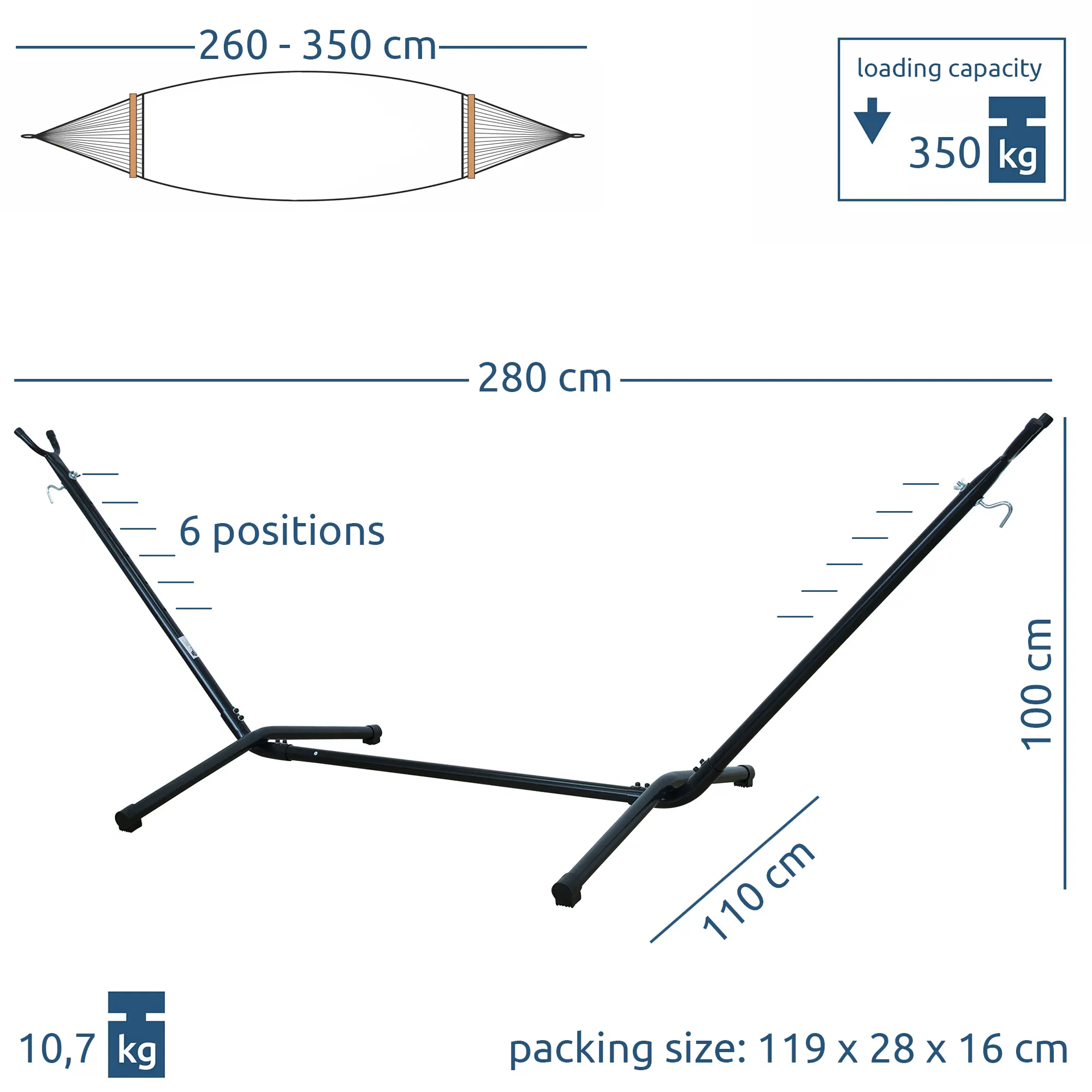 Sturdy yourGEAR hammock stand, dark grey, adjustable for hammocks 260–350 cm, max load 350 kg, 280x110x100 cm, 6 positions, weatherproof, rust-resistant, easy assembly, packing size 119x28x16 cm.
