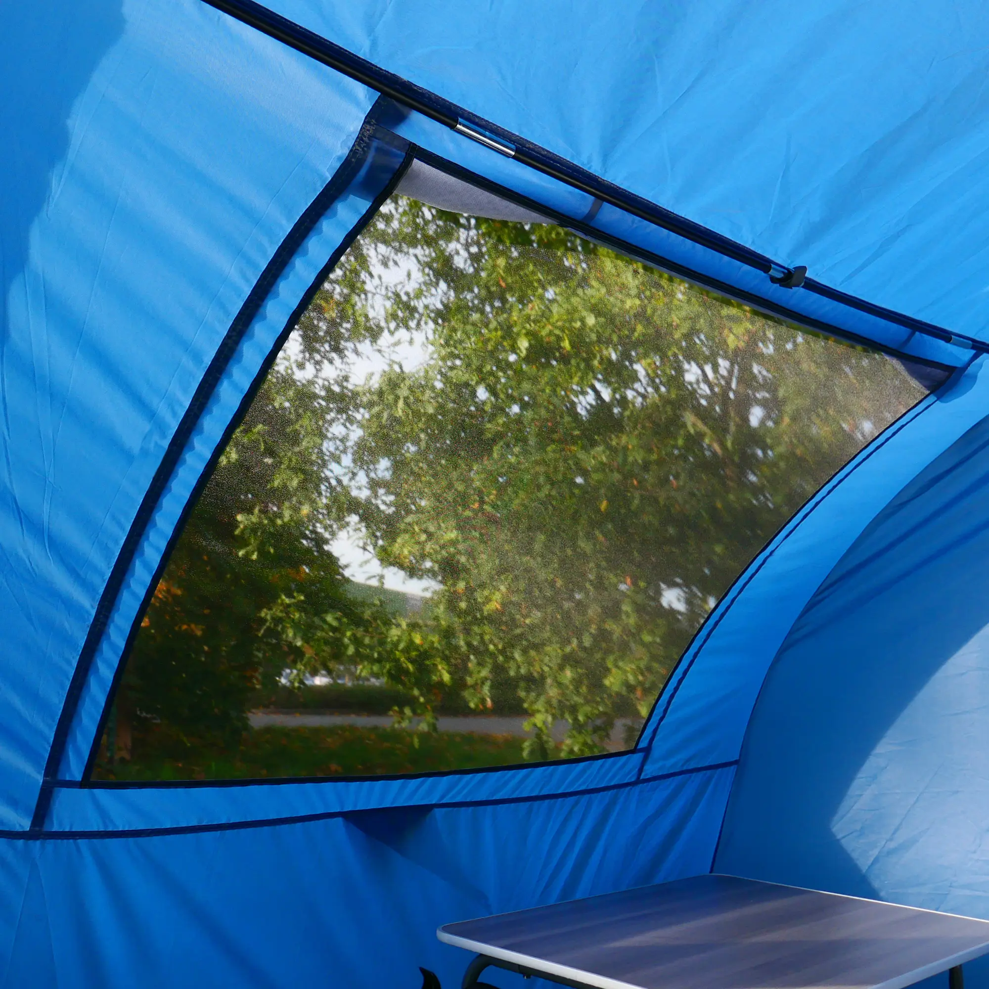 Carpa trasera azul your GEAR Venecia para caravana, con ventana de malla grande para ventilación y mesa en el interior, ideal como avancé, tienda de cocina o almacén, dimensiones 190x170 cm.