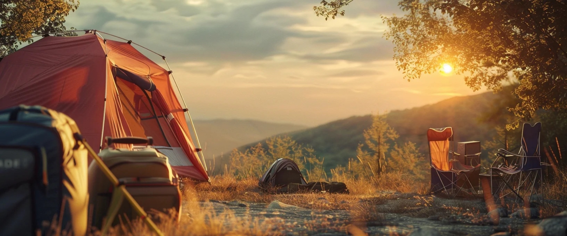 Orange tent, camping chairs, and luggage set up on a grassy hilltop at sunset, with mountains and trees in the background.
