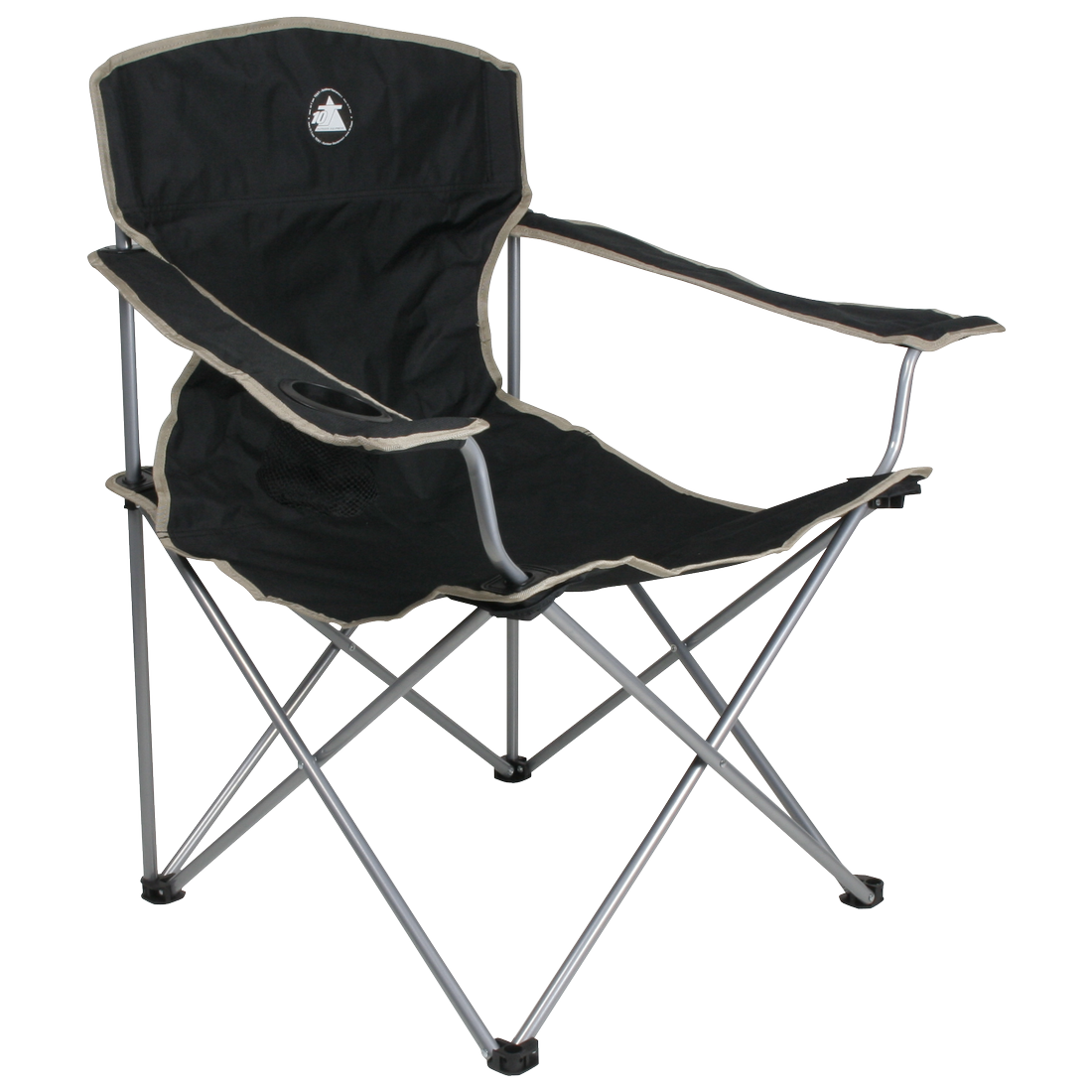 Chaise de camping pliante 10T Quickfold Easy noire, avec accoudoirs, porte-gobelet intégré et structure métallique, adaptée à l’extérieur, supporte jusqu’à 120 kg, idéale pour camping, pêche ou jardin.