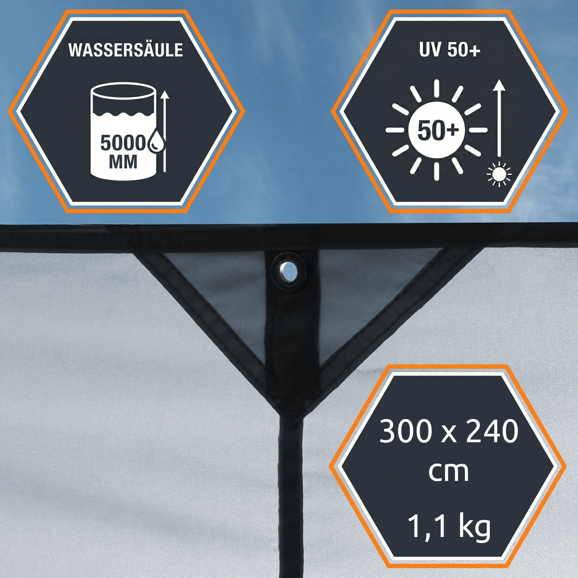 Bâche solaire your GEAR Cavoli 300×240 cm, tissu gris avec œillet renforcé, coutures triangulaires noires, protection UV50+ et imperméabilité 5000 mm, poids 1,1 kg, sans arceaux ni accessoires.