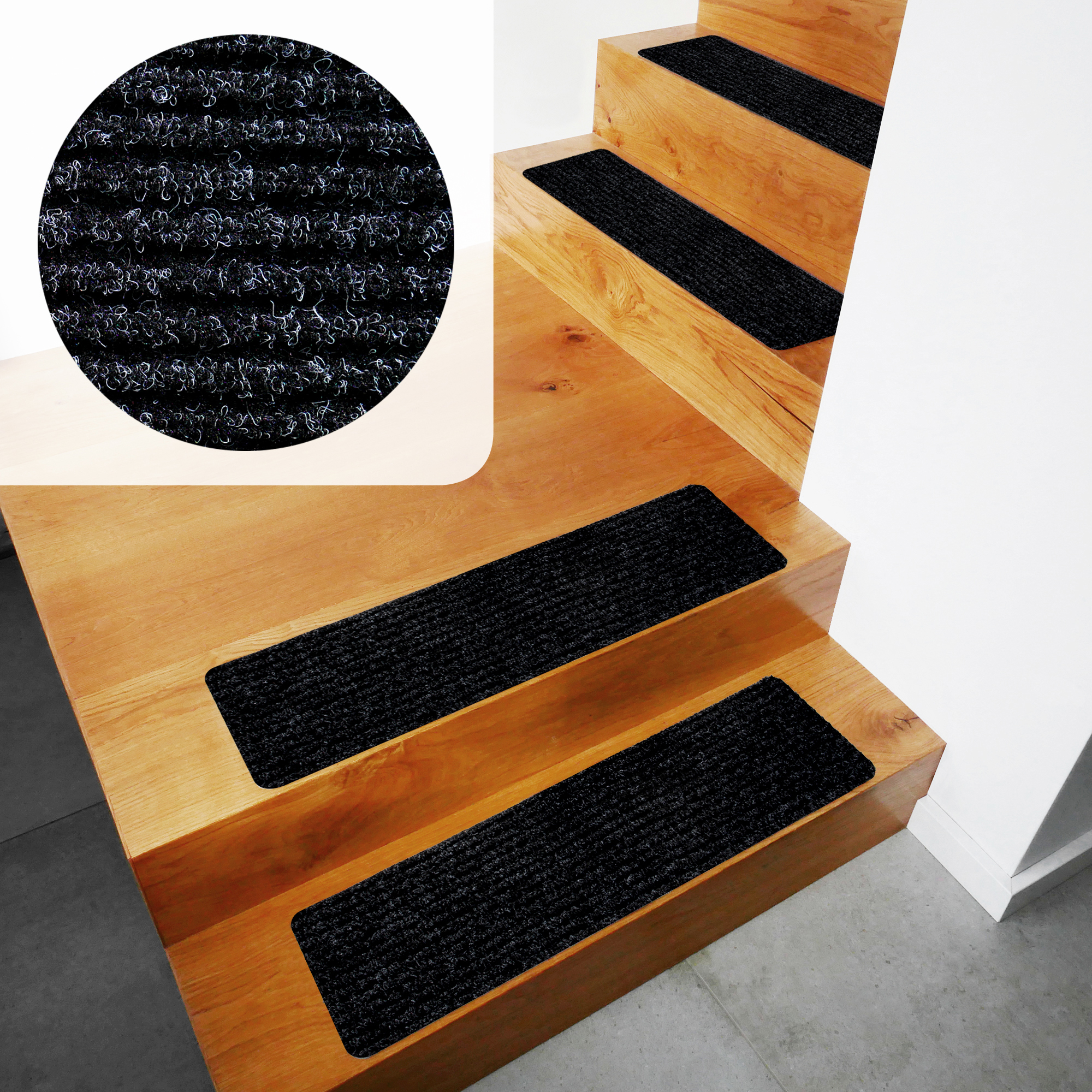Self-adhesive grey yourGEAR stair mats, 76x20cm, with TPR anti-slip backing shown on wooden stairs; close-up highlights durable, textured carpet surface. Ideal for stair protection and safety.