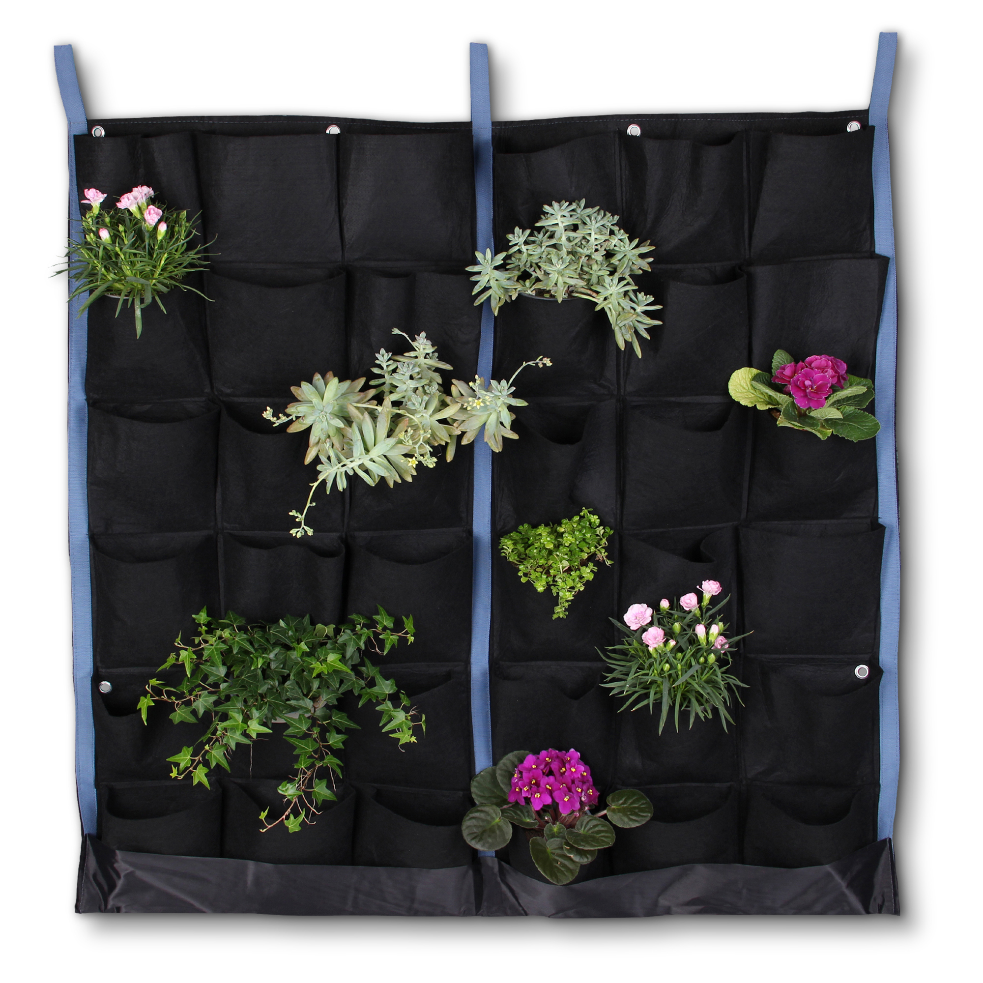 yourGEAR Growbag Pflanztasche mit 36 Taschen, aus schwarzem Vliesstoff, zur vertikalen Wandbepflanzung. Einige Taschen sind mit verschiedenen Pflanzen und Blumen bestückt. Ideal für Kräuter und Zierpflanzen.