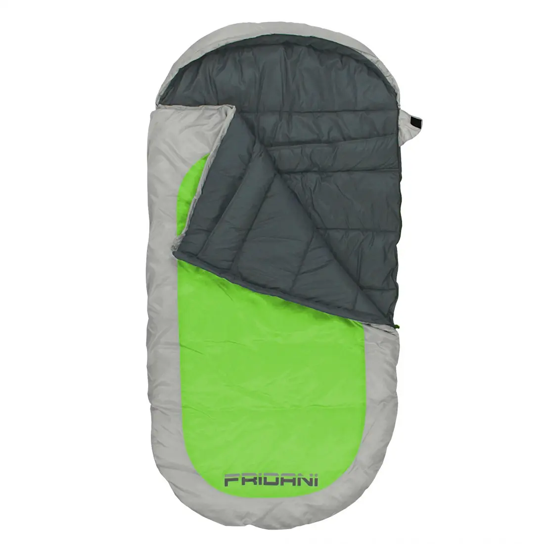 Green and grey sleeping bag with a partially opened dark grey lining, displayed on a white background.