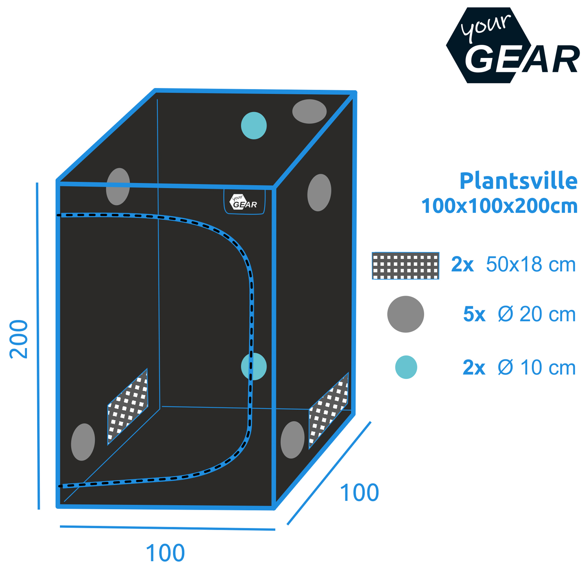 Growzelt yourGEAR Plantsville 100x100x200 cm, schwarzes Indoor-Gewächshaus mit mehreren Belüftungsöffnungen, Sichtfenstern und zwei Gittereinsätzen, ideal für Pflanzenzucht in Innenräumen.