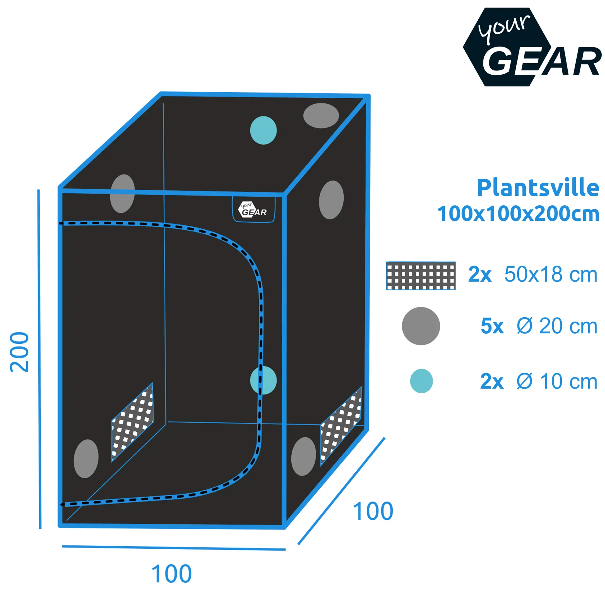 yourGEAR Grow Tent Plantsville 100x100x200 cm, black indoor grow box with blue trim, multiple ventilation ports (Ø 20 cm, Ø 10 cm), mesh windows (50x18 cm), and yourGEAR logo on the front.