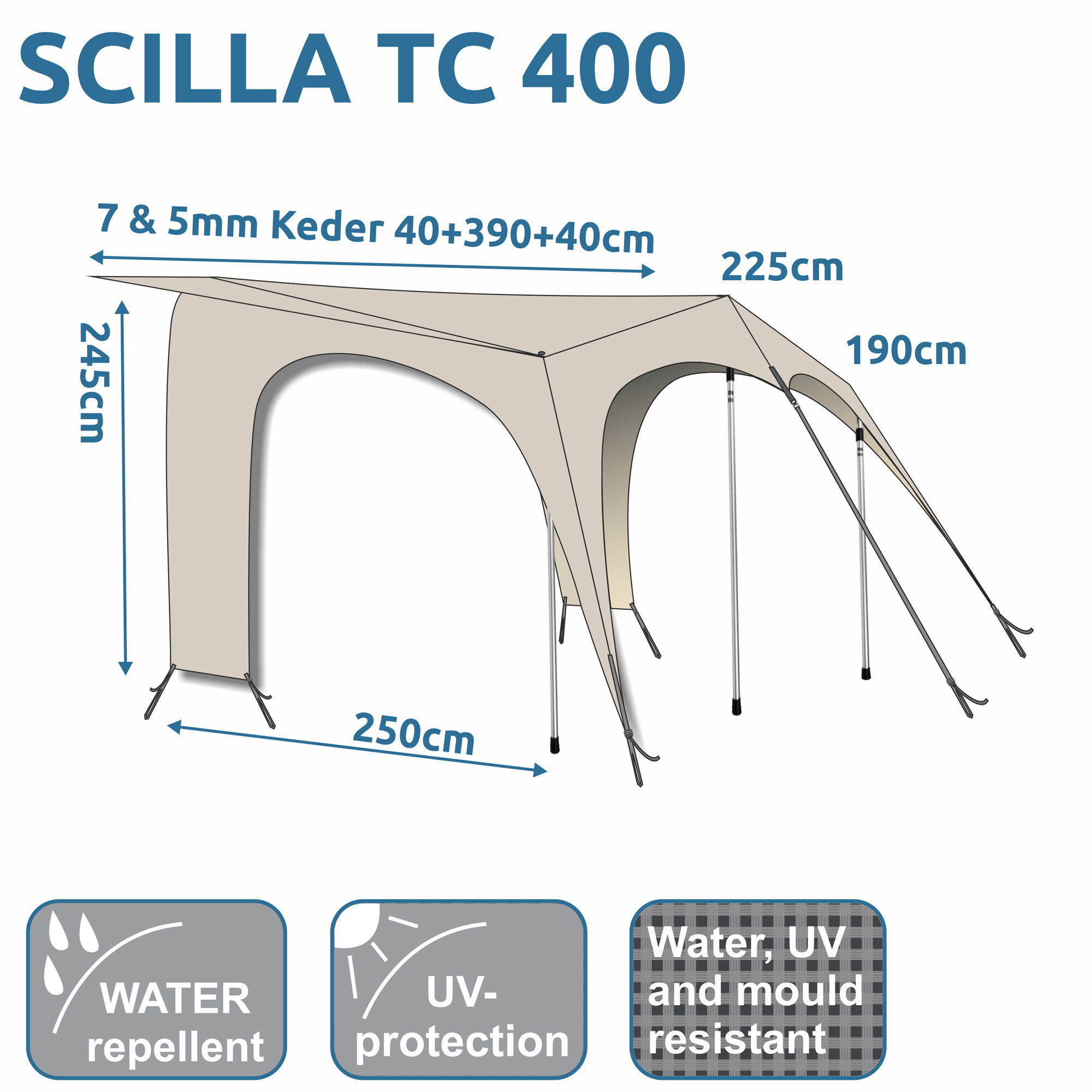 your GEAR Scilla TC 400 sunroof porch for caravans, beige, 400x250 cm, breathable fabric with high cotton content, water repellent, UV and mould resistant, easy setup, illustrated with dimensions and features.