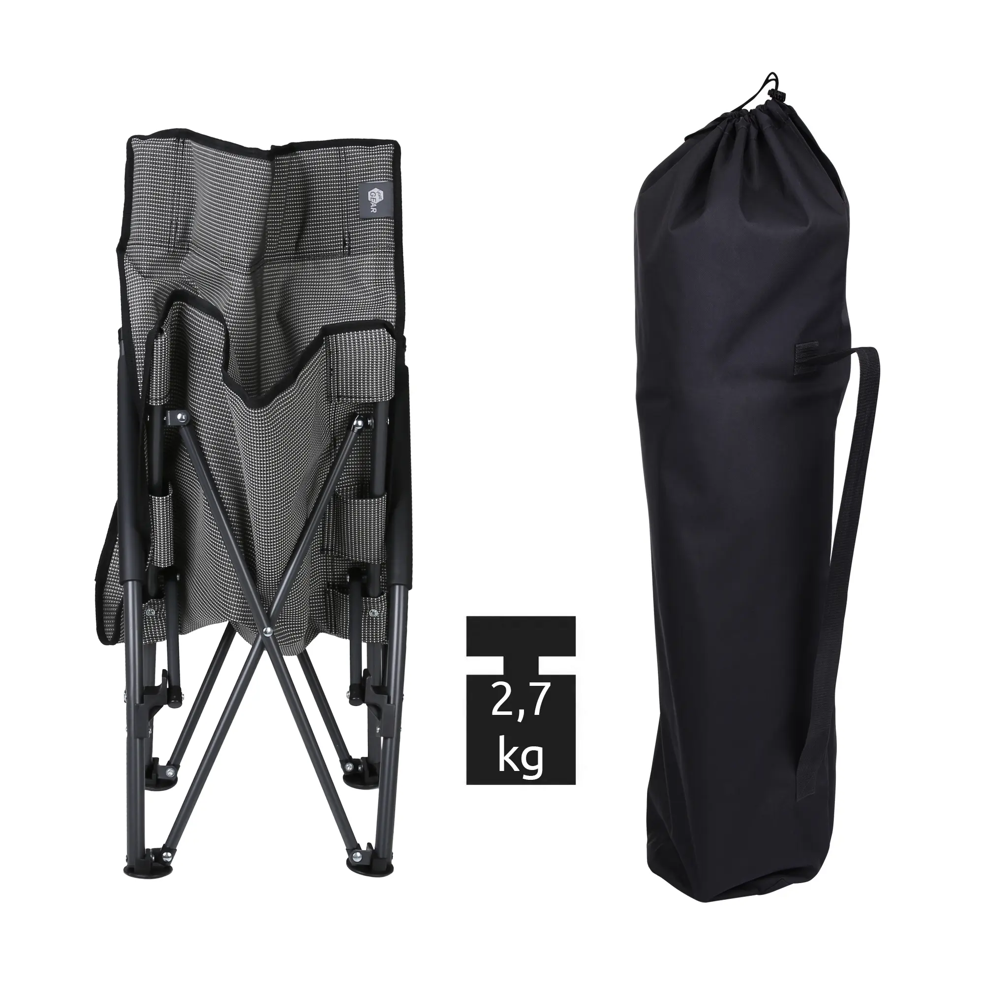 Silla de playa your GEAR Olbia plegada, tejido tricolor resistente, estructura ligera de 2,7 kg, respaldo alto, con bolsa de transporte negra, ideal para camping, jardín o playa.