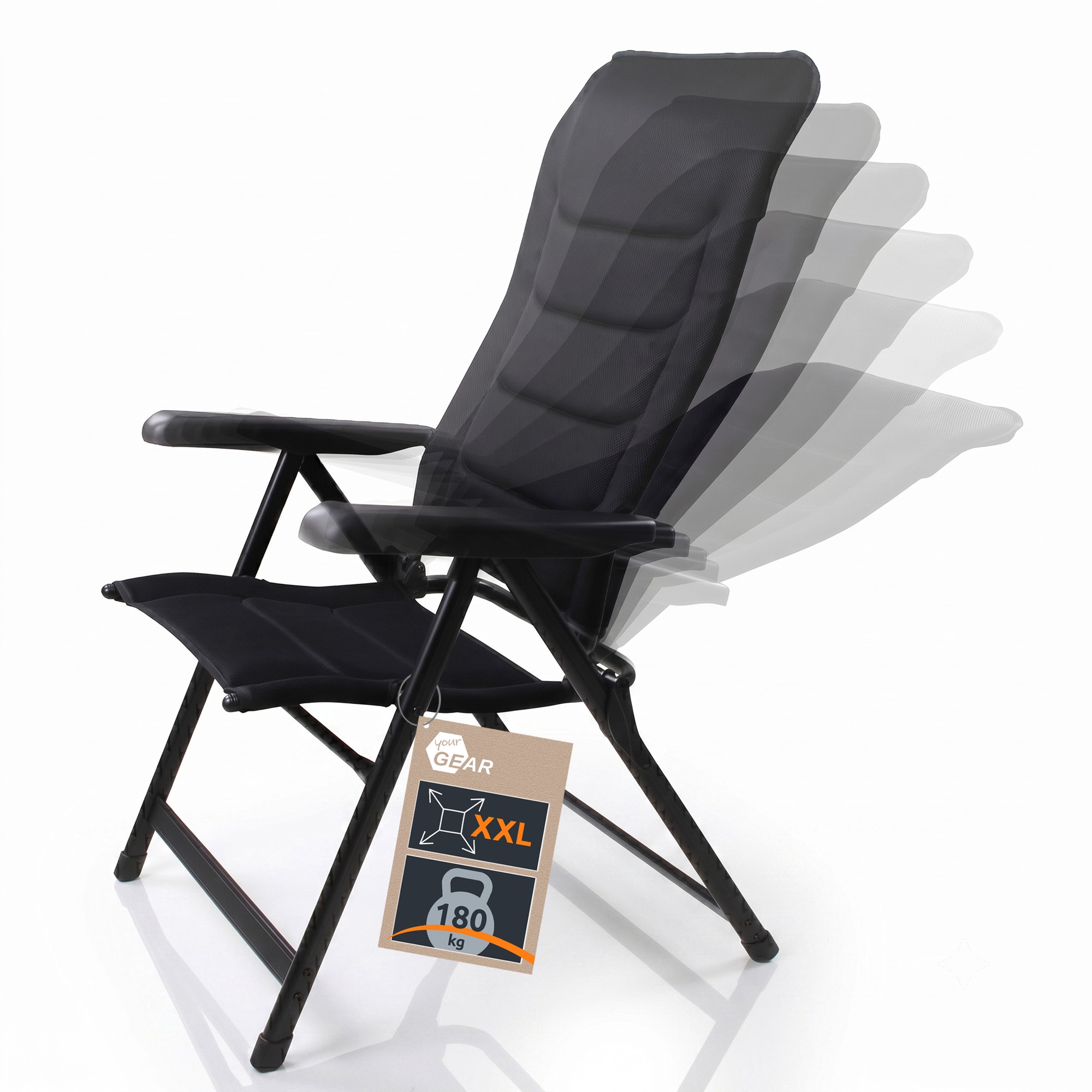 Chaise de jardin pliable your GEAR Sovana 3D noir, dossier haut réglable en 6 positions, assise et dossier en tissu 3D mesh, accoudoirs, cadre aluminium robuste noir supportant jusqu'à 180 kg, étiquette XXL visible.