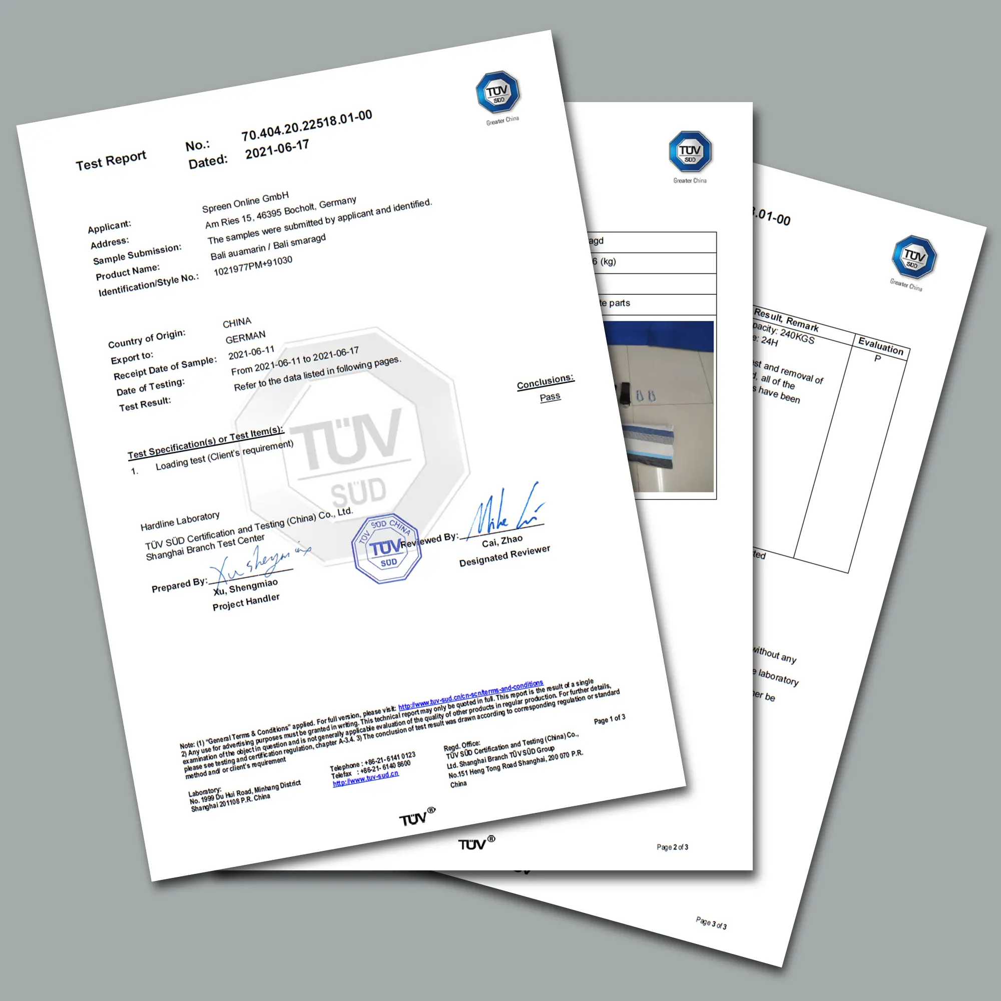 Three TÜV certification documents for the yourGEAR Bali Aqua hammock, confirming 240kg load capacity and quality standards, with official stamps, signatures, and a product image visible on the second page.