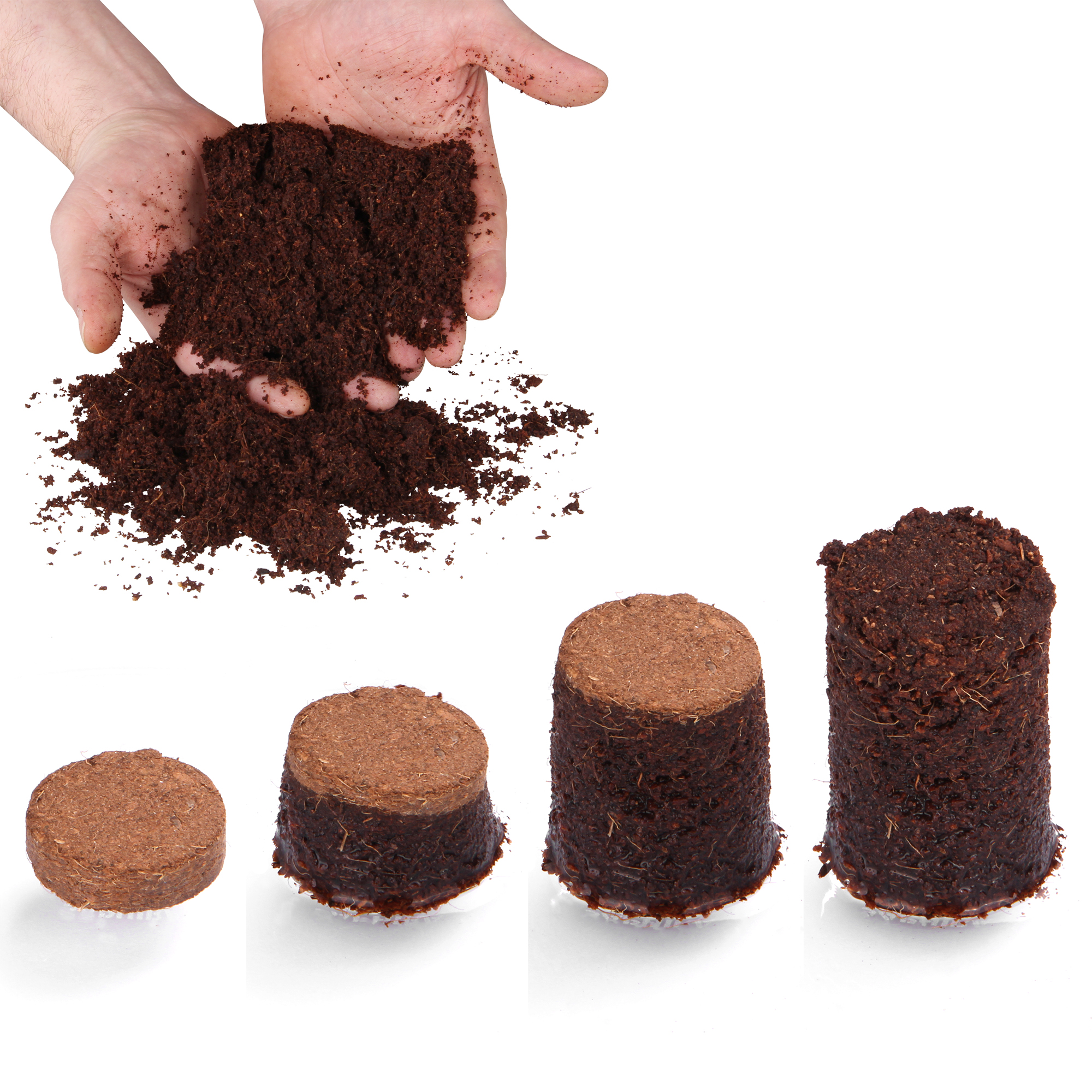 Kokos Quelltabletten von yourGEAR, trocken und aufgequollen in vier Entwicklungsstufen, daneben lockere Kokoserde in Händen. Perfekt für Aussaat, Anzucht und nachhaltige Pflanzenzucht, torffrei und ungedüngt.