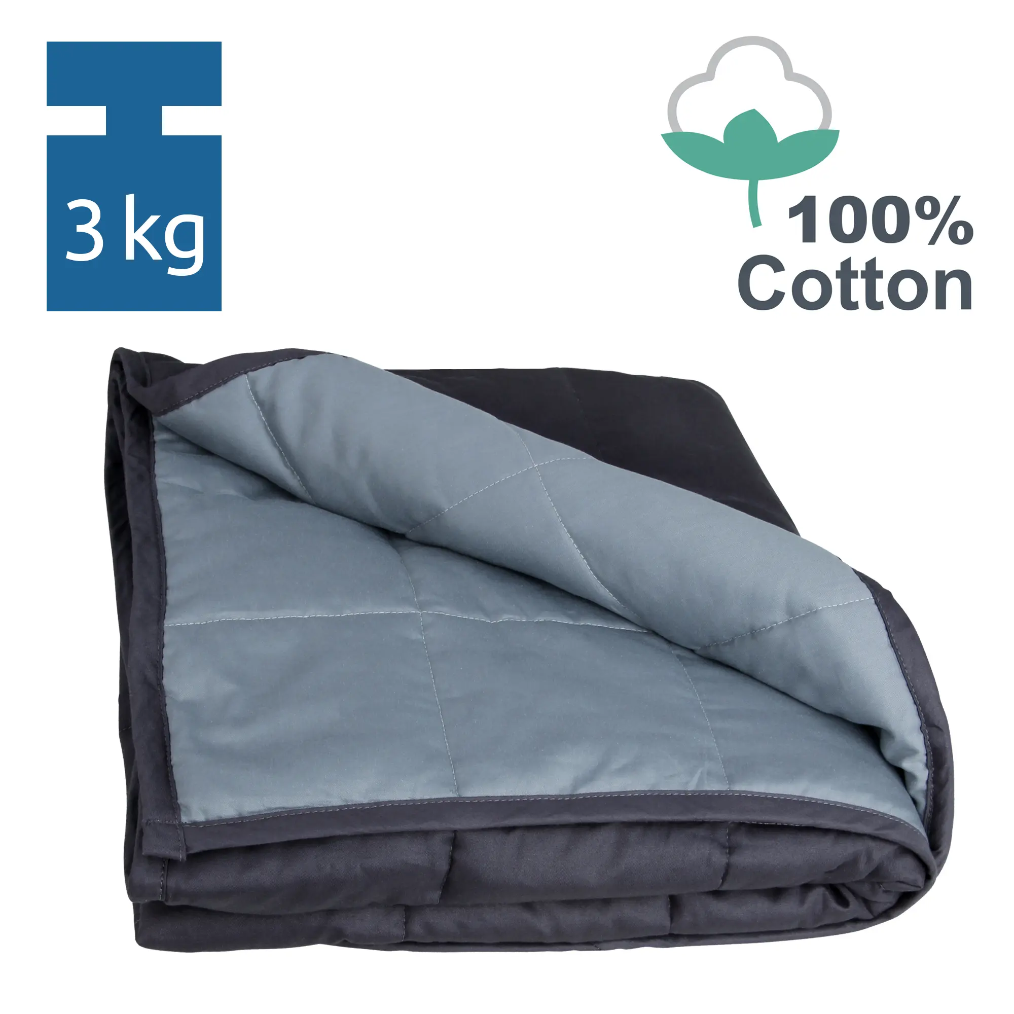 Manta terapéutica infantil yourGEAR Como de 3 kg, tamaño 100x150 cm, hecha de 100% algodón, diseño acolchado en tonos gris y azul, ideal para estimulación de presión profunda y relajación.