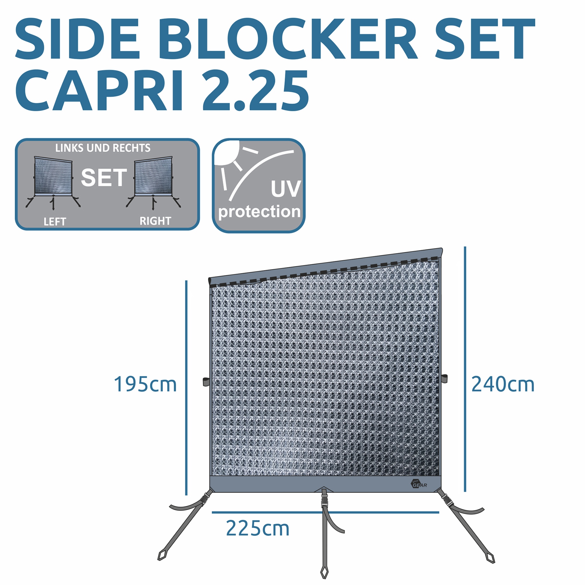 your GEAR Capri Side Blocker Set for awnings, 2 wind-permeable side panels with UV protection, suitable for 250 cm extension, shown with mesh fabric, dimensions 195–240 cm height x 225 cm width, for left and right sides.